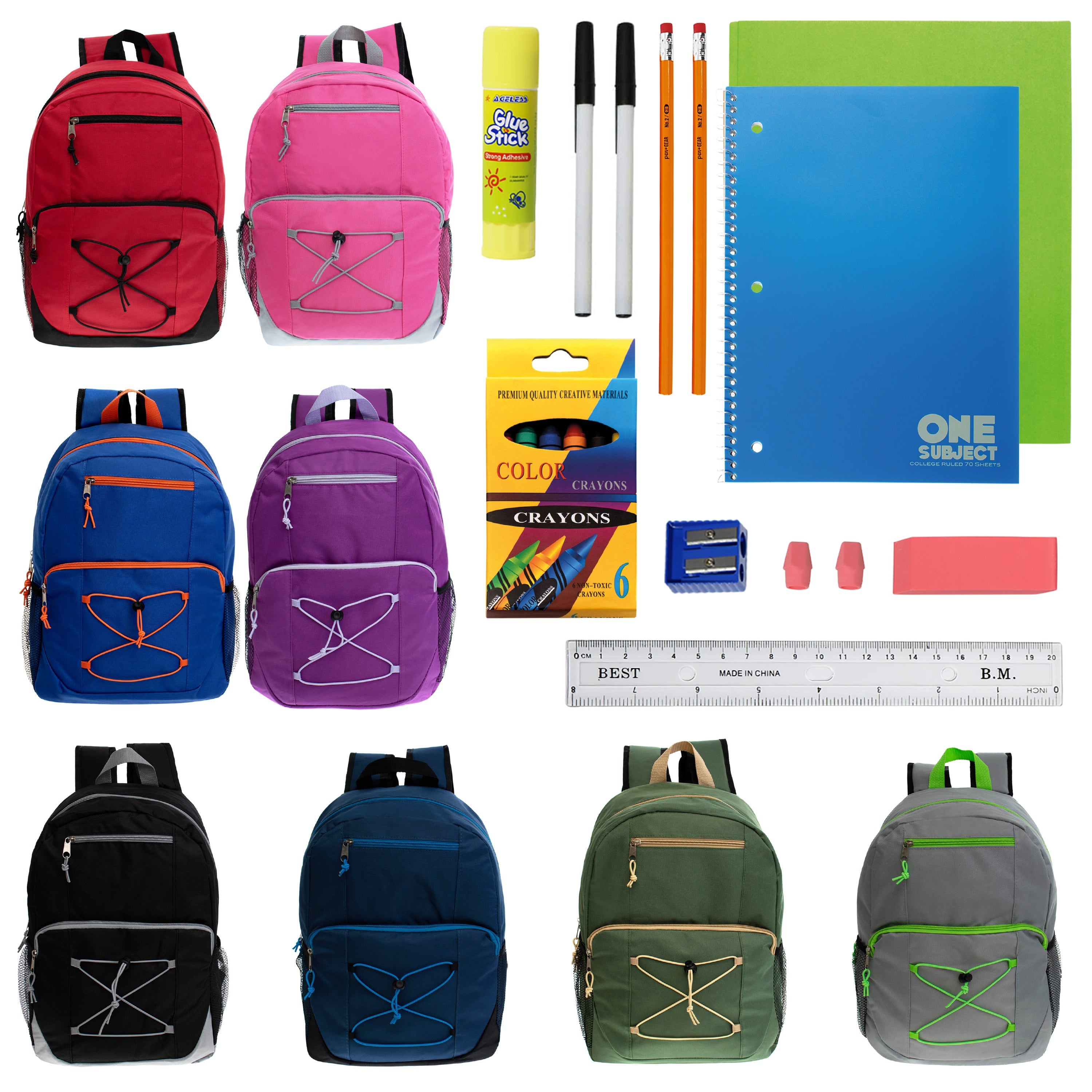 12 Bungee Style 17" Wholesale Backpacks in Assorted Colors & 12 Bulk School Supply Kits of Your Choice