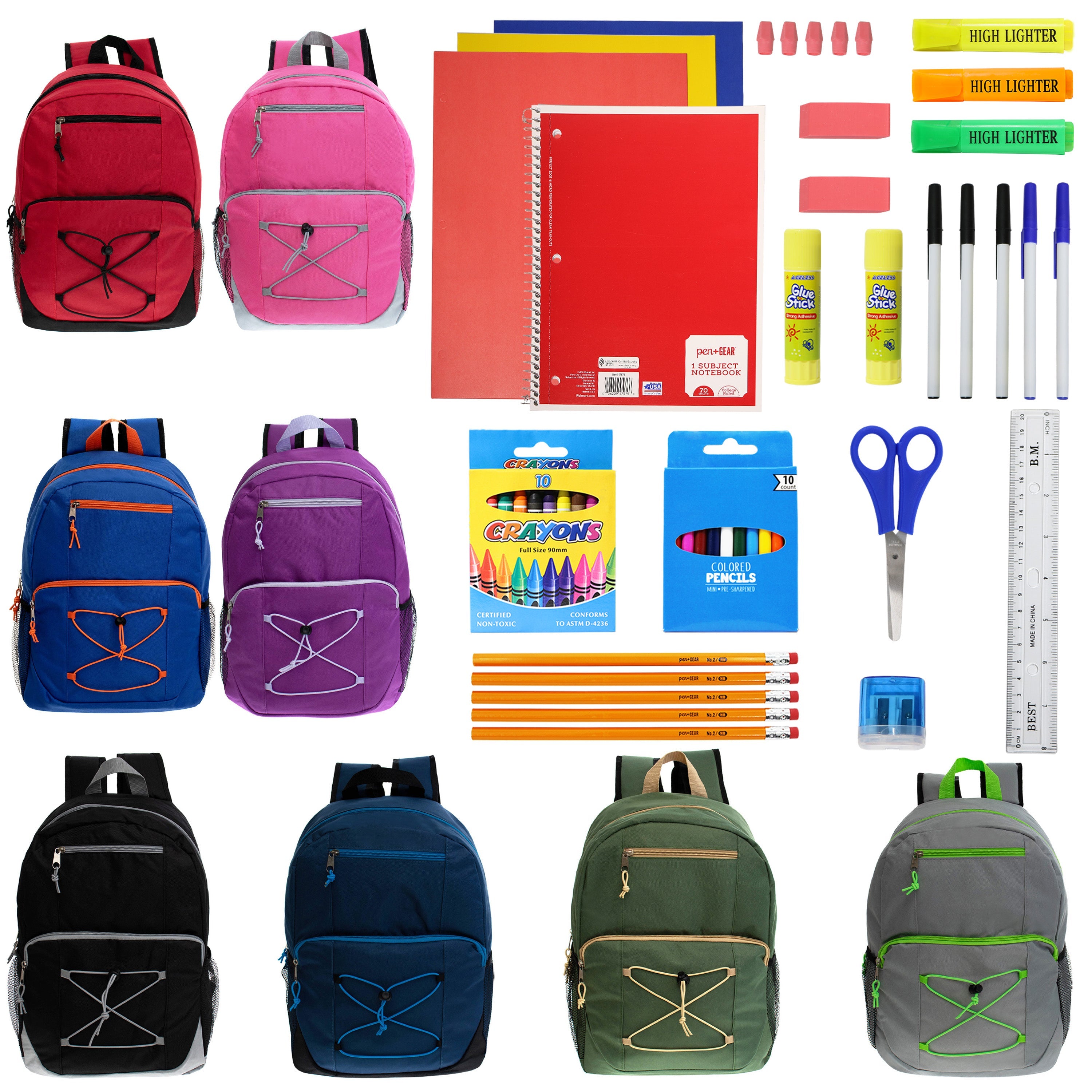 12 Bungee Style 17" Wholesale Backpacks in Assorted Colors & 12 Bulk School Supply Kits of Your Choice