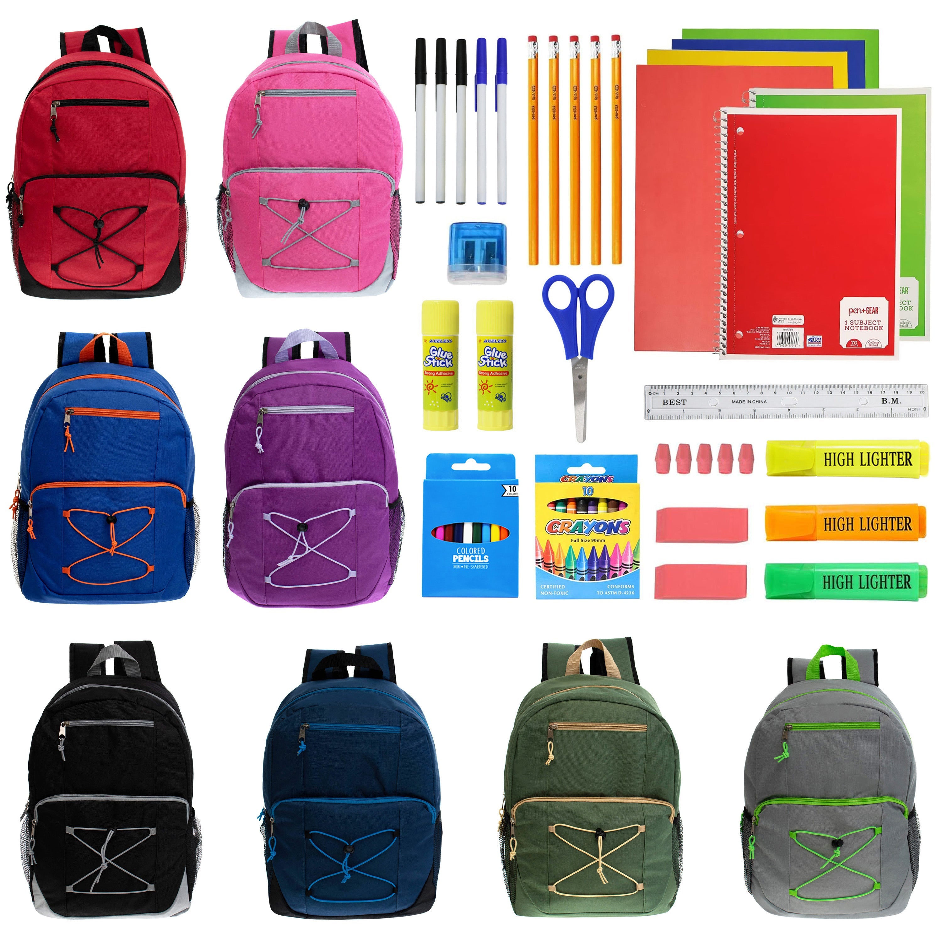 17 Inch Bulk Backpacks in Assorted Colors with School Supply Kits Wholesale - Kit of 12