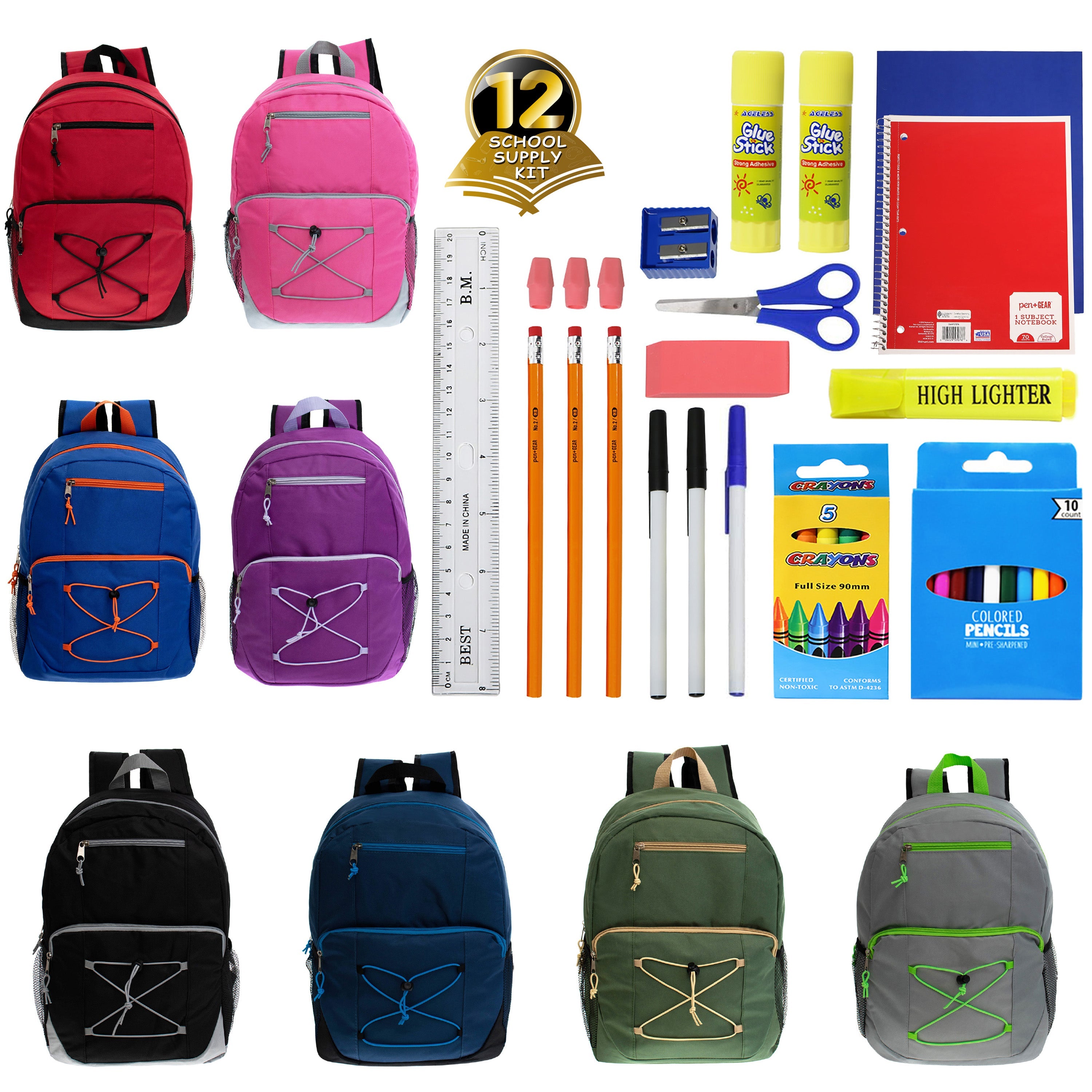 17 Inch Bulk Backpacks in Assorted Colors with School Supply Kits Wholesale - Kit of 12