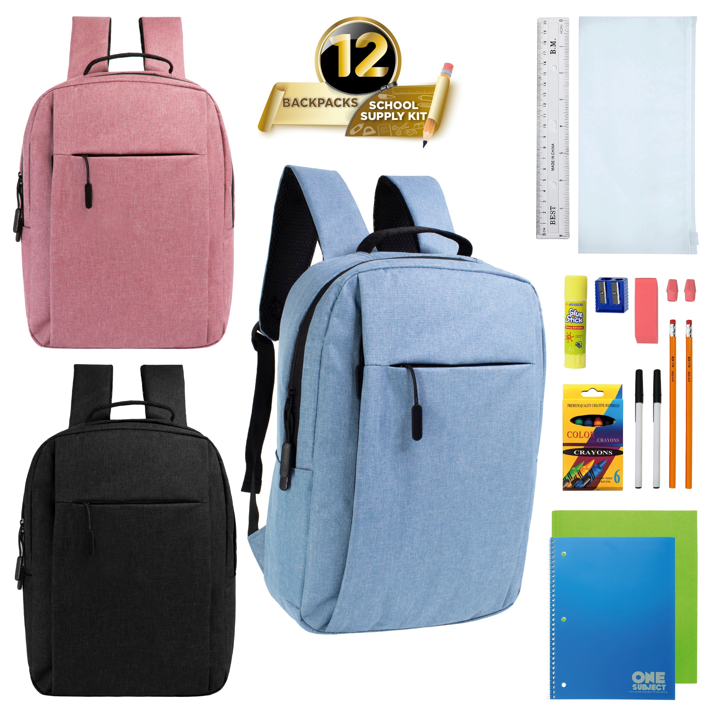 12 Wholesale Premium Laptop Backpacks & 12 Bulk School Supply Kits of Your Choice