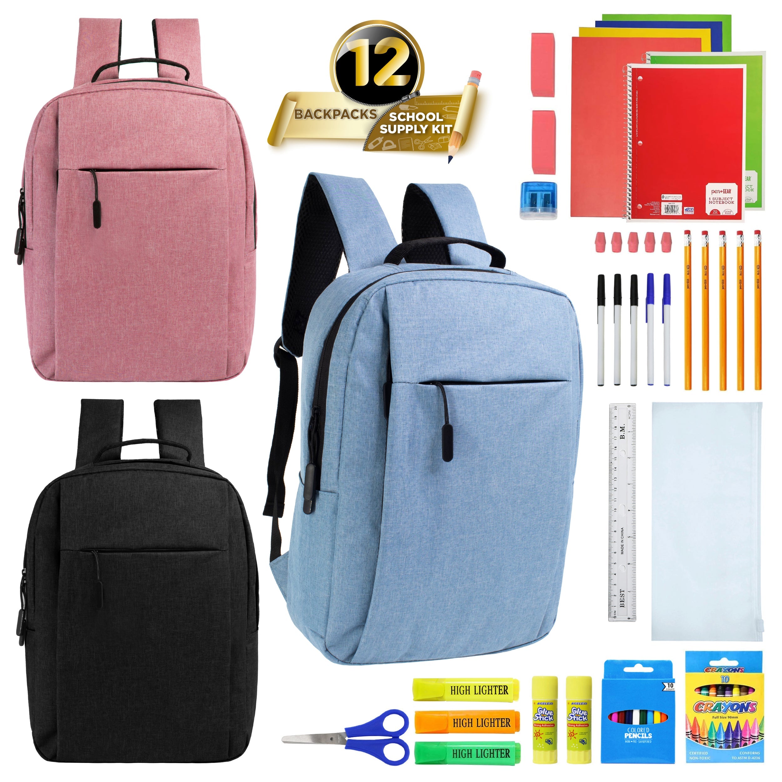 12 Wholesale Premium Laptop Backpacks & 12 Bulk School Supply Kits of Your Choice