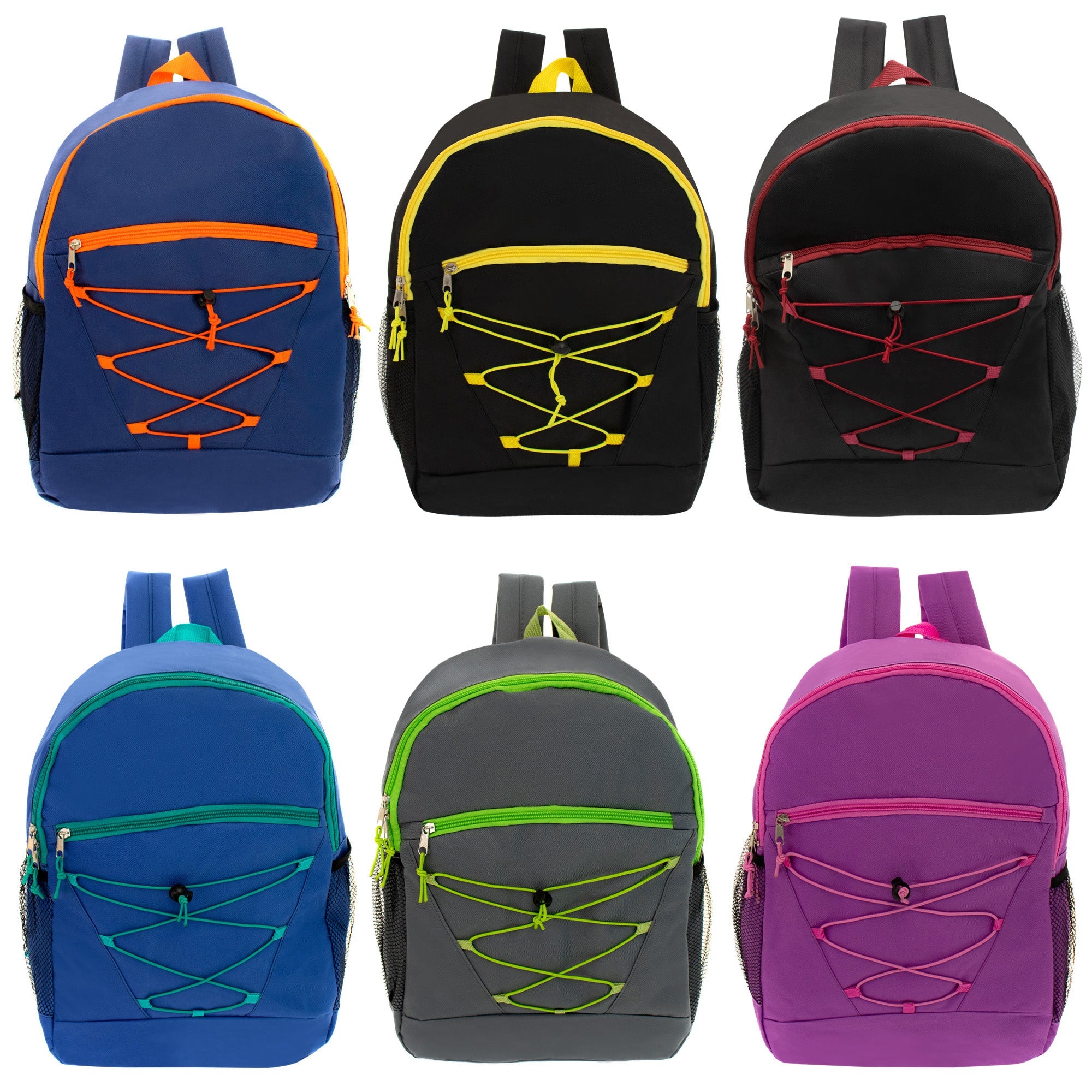 12 Wholesale 17" Bungee Backpacks in Assorted Colors & 12 Bulk School Supply Kits of Your Choice