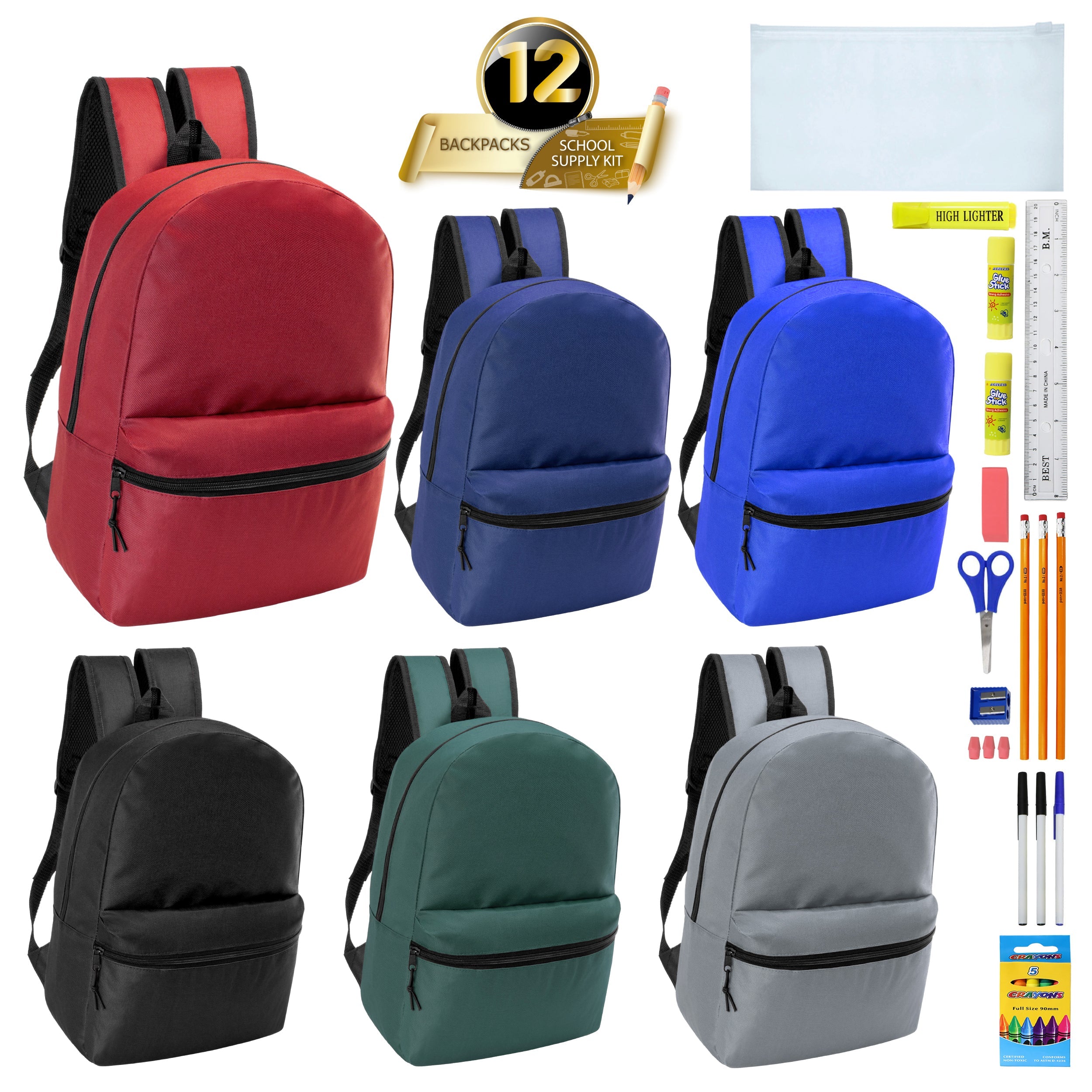 12 Wholesale 17" Basic Wholesale Backpack in 6 Colors & 12 Bulk School Supply Kits of Your Choice