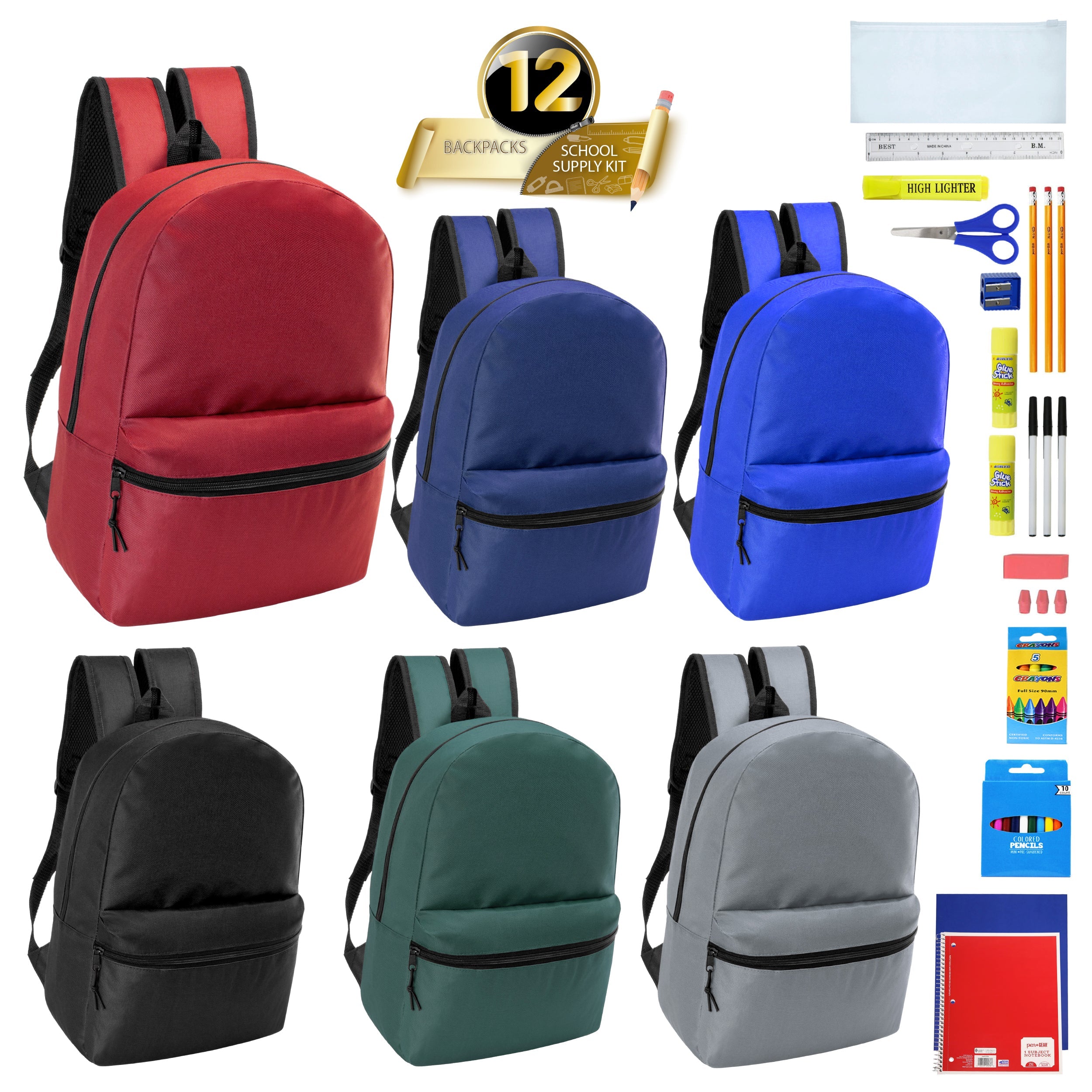 12 Wholesale 17" Basic Wholesale Backpack in 6 Colors & 12 Bulk School Supply Kits of Your Choice