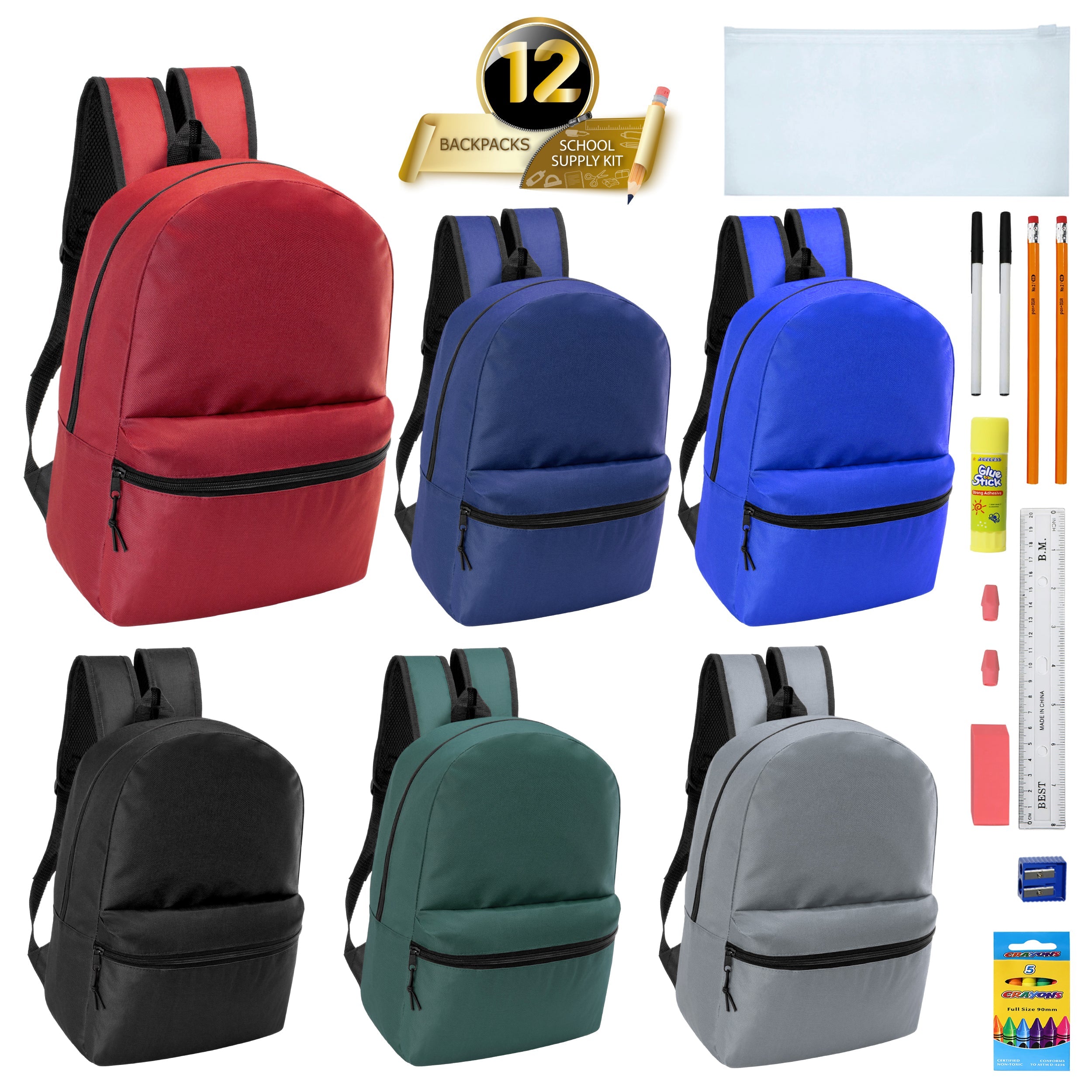 12 Wholesale 17" Basic Wholesale Backpack in 6 Colors & 12 Bulk School Supply Kits of Your Choice