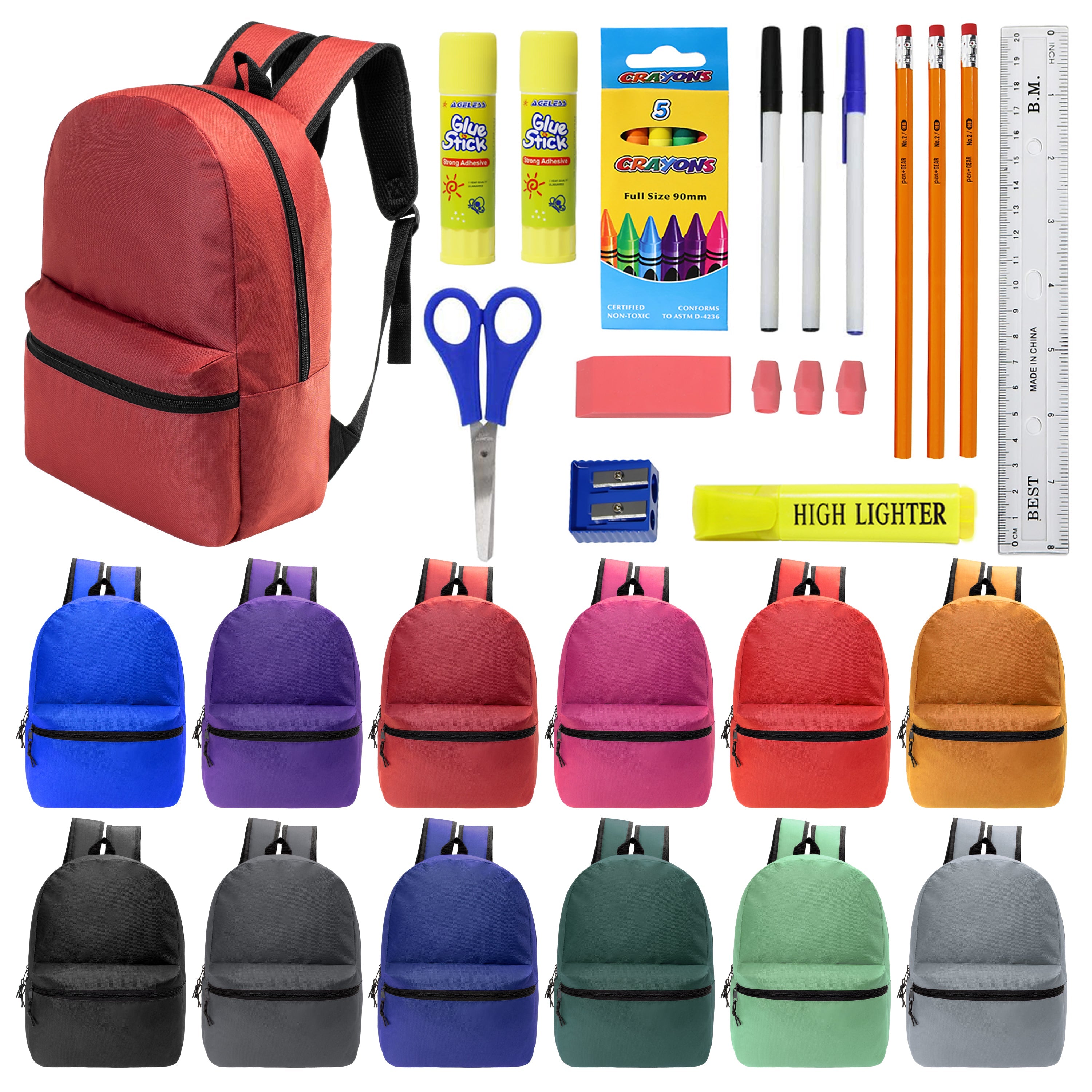 17 Inch Bulk Backpacks in Assorted Colors with School Supply Kits Wholesale - Case of 12