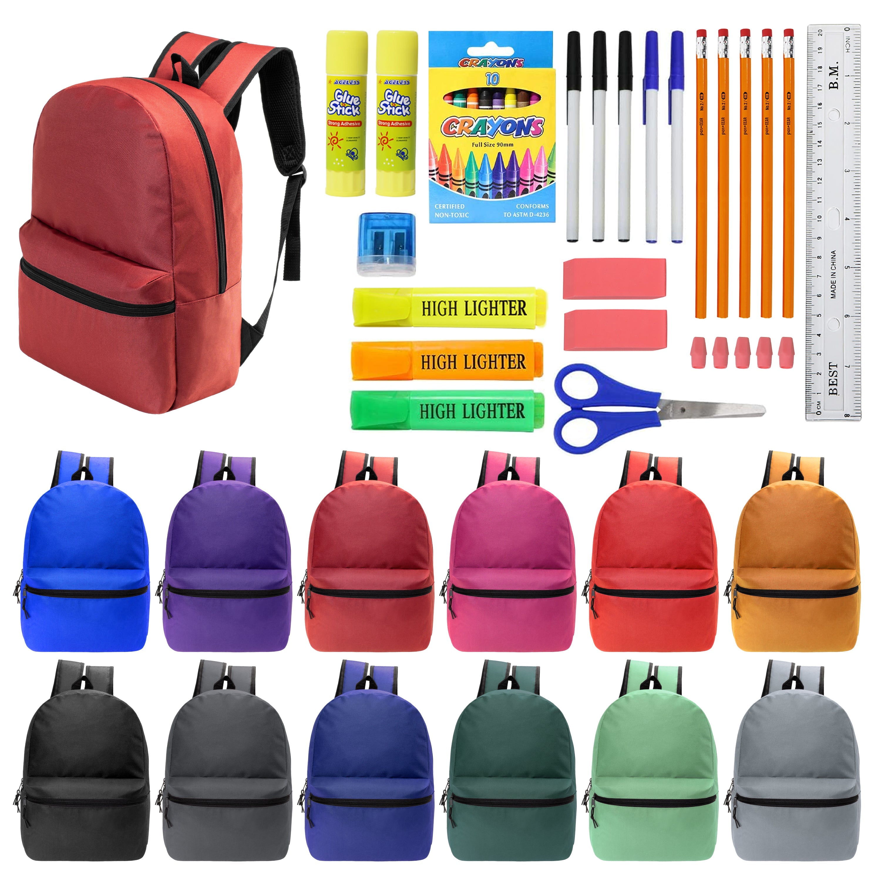 17 Inch Bulk Backpacks in Assorted Colors with School Supply Kits Wholesale - Case of 12