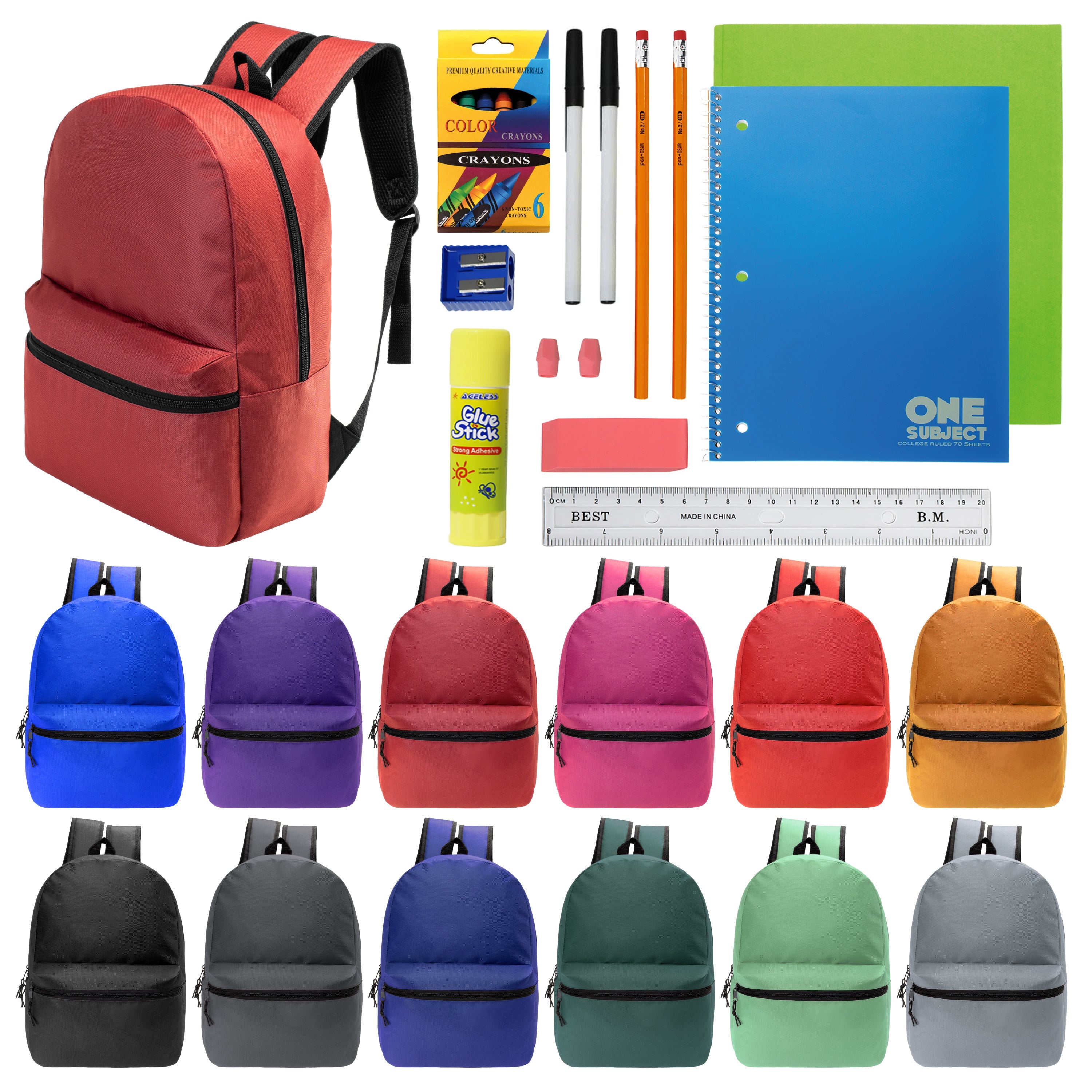 17 Inch Bulk Backpacks in Assorted Colors with School Supply Kits Wholesale - Case of 12