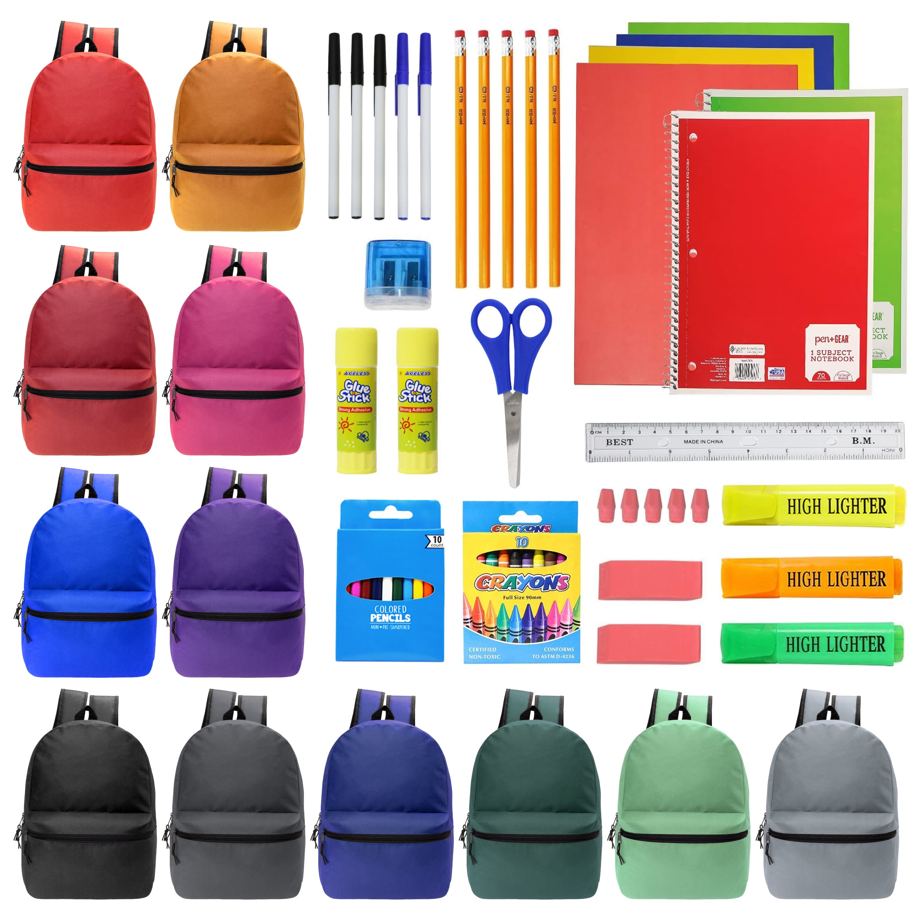 17 Inch Bulk Backpacks in Assorted Colors with School Supply Kits Wholesale - Case of 12