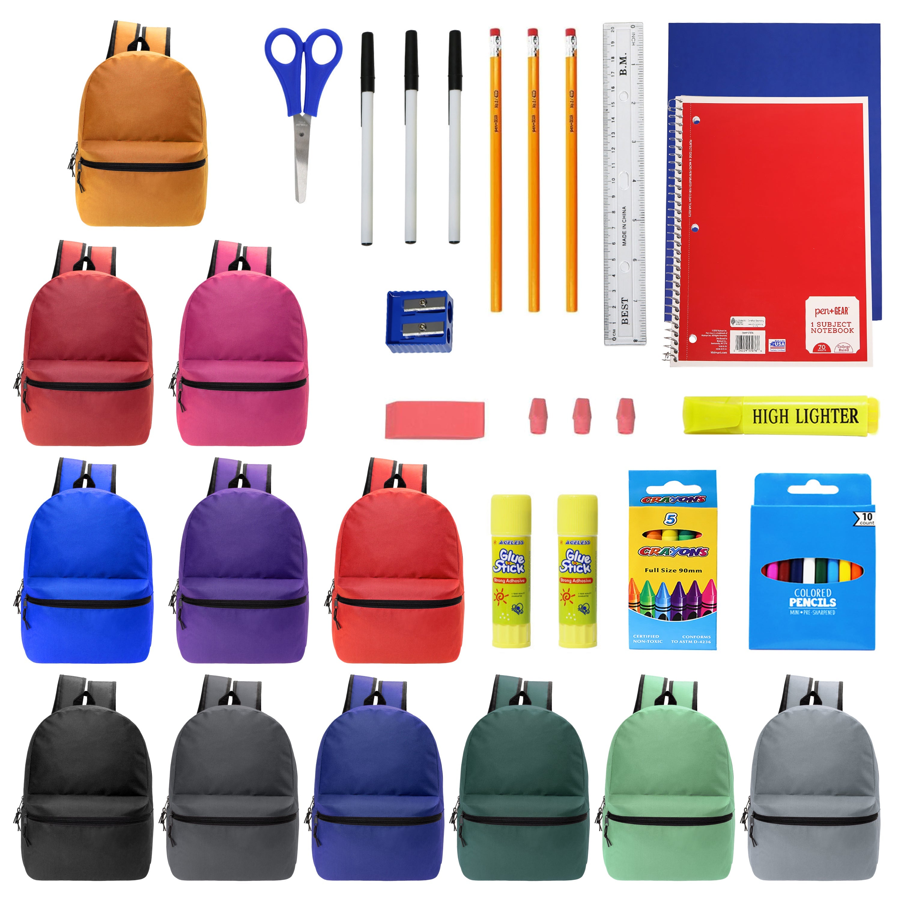 17 Inch Bulk Backpacks in Assorted Colors with School Supply Kits Wholesale - Case of 12