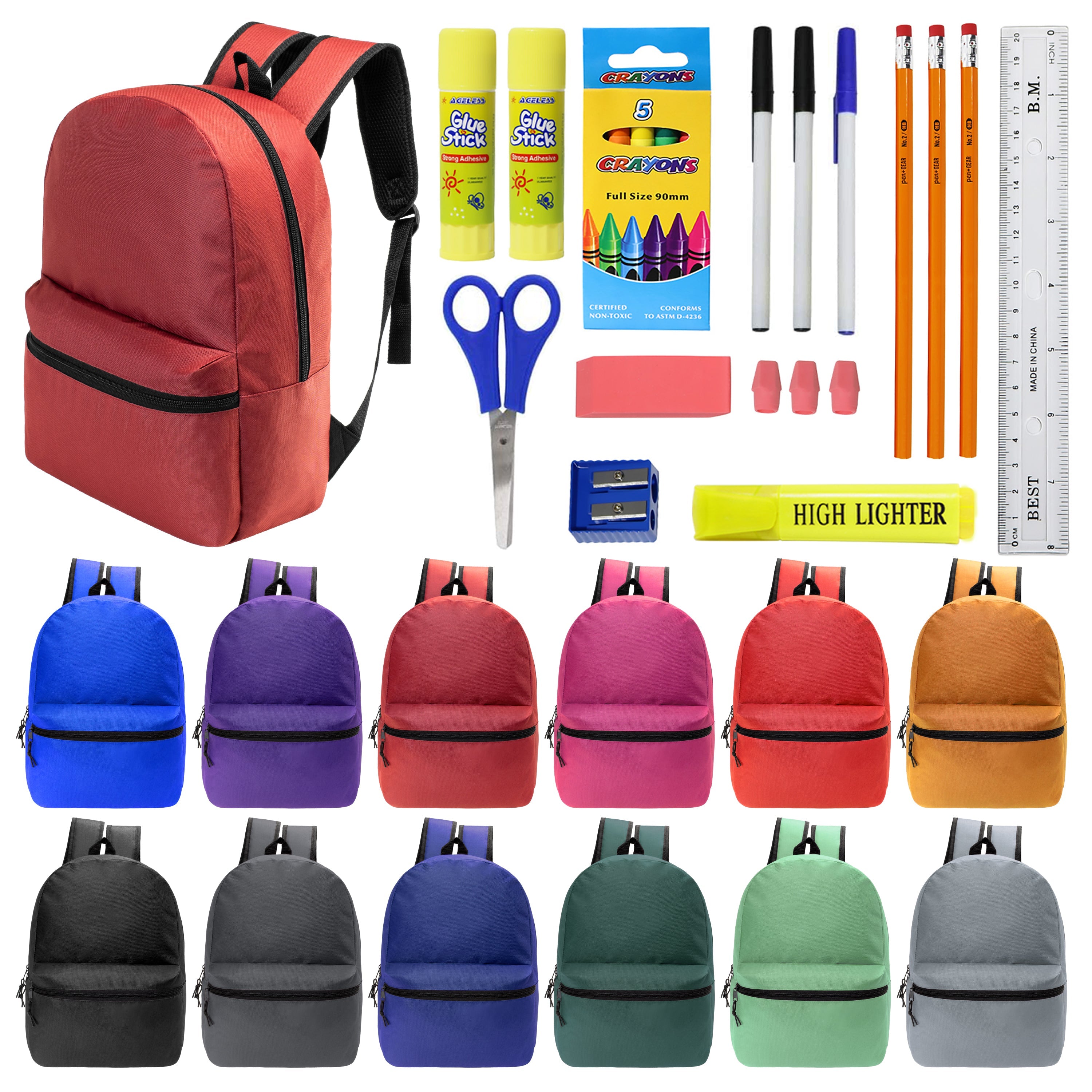 12 Wholesale 17" Basic Backpacks in Assorted Colors & 12 Bulk School Supply Kits of Your Choice