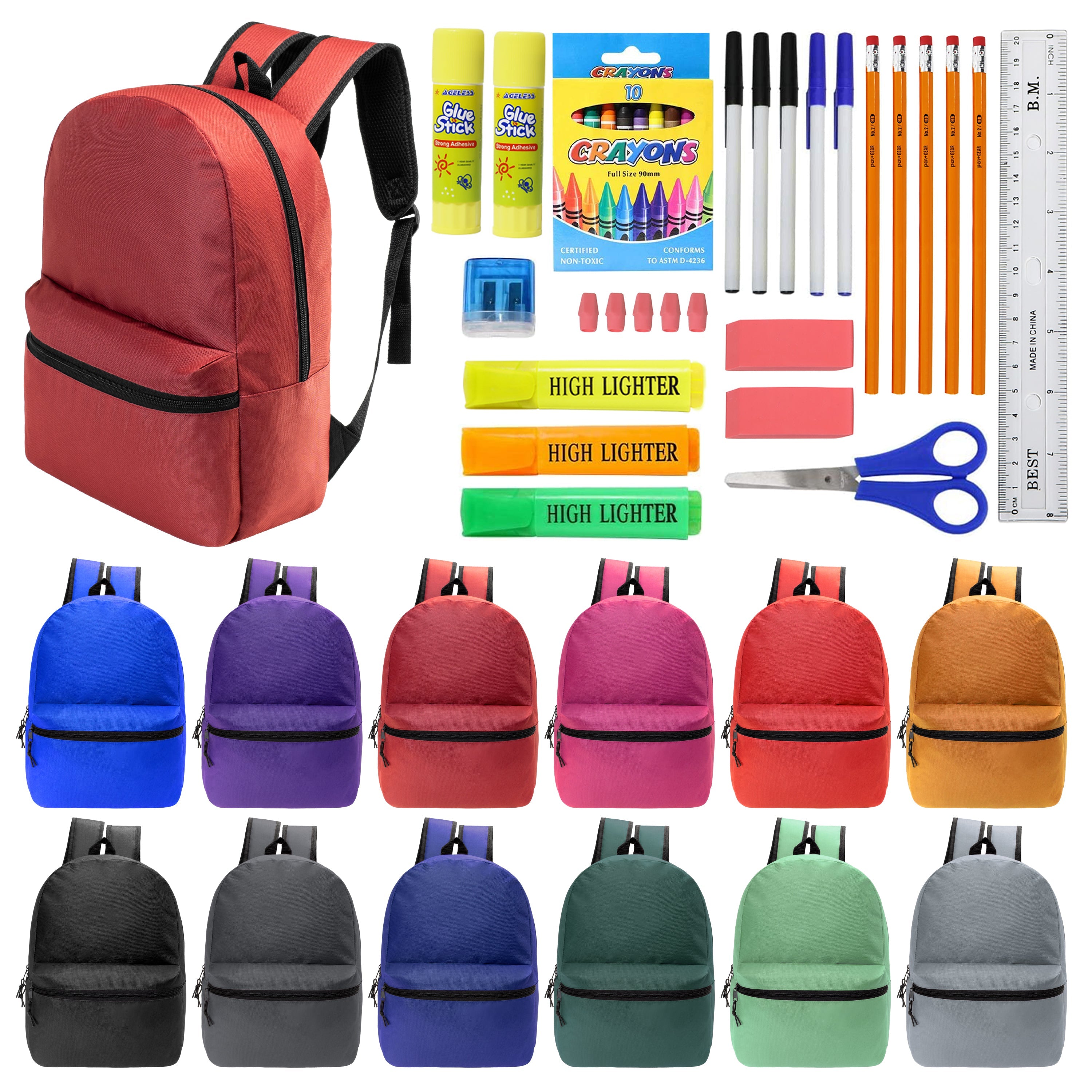 12 Wholesale 17" Basic Backpacks in Assorted Colors & 12 Bulk School Supply Kits of Your Choice