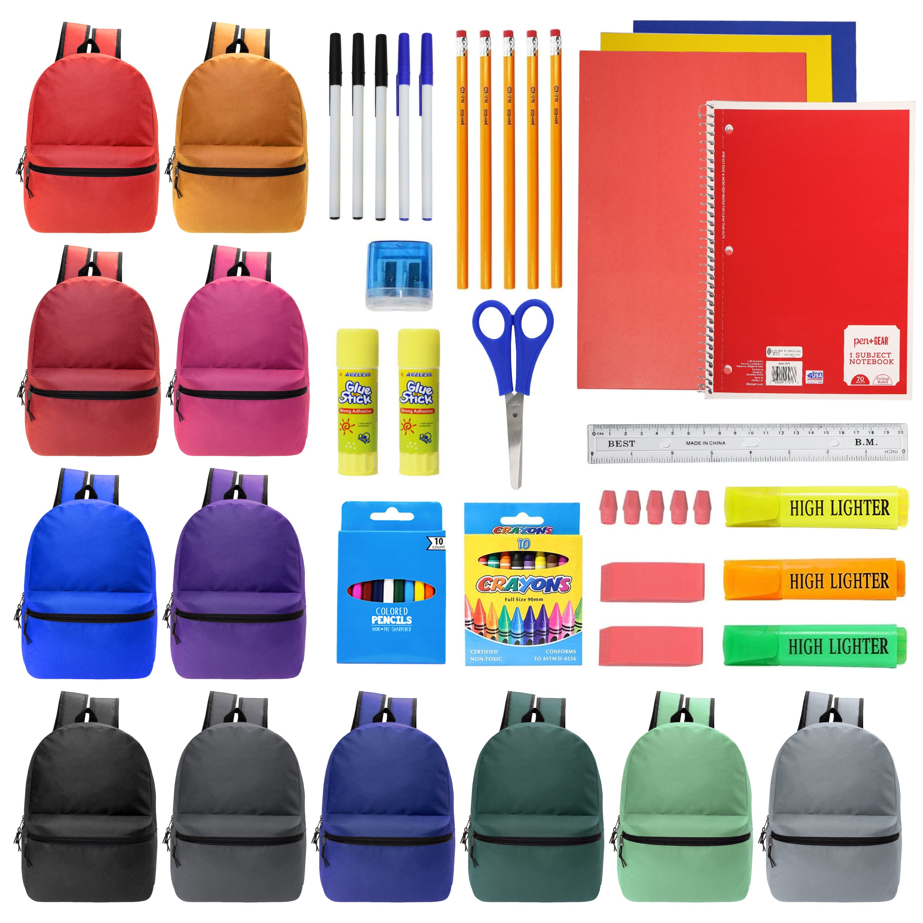 12 Wholesale 17" Basic Backpacks in Assorted Colors & 12 Bulk School Supply Kits of Your Choice