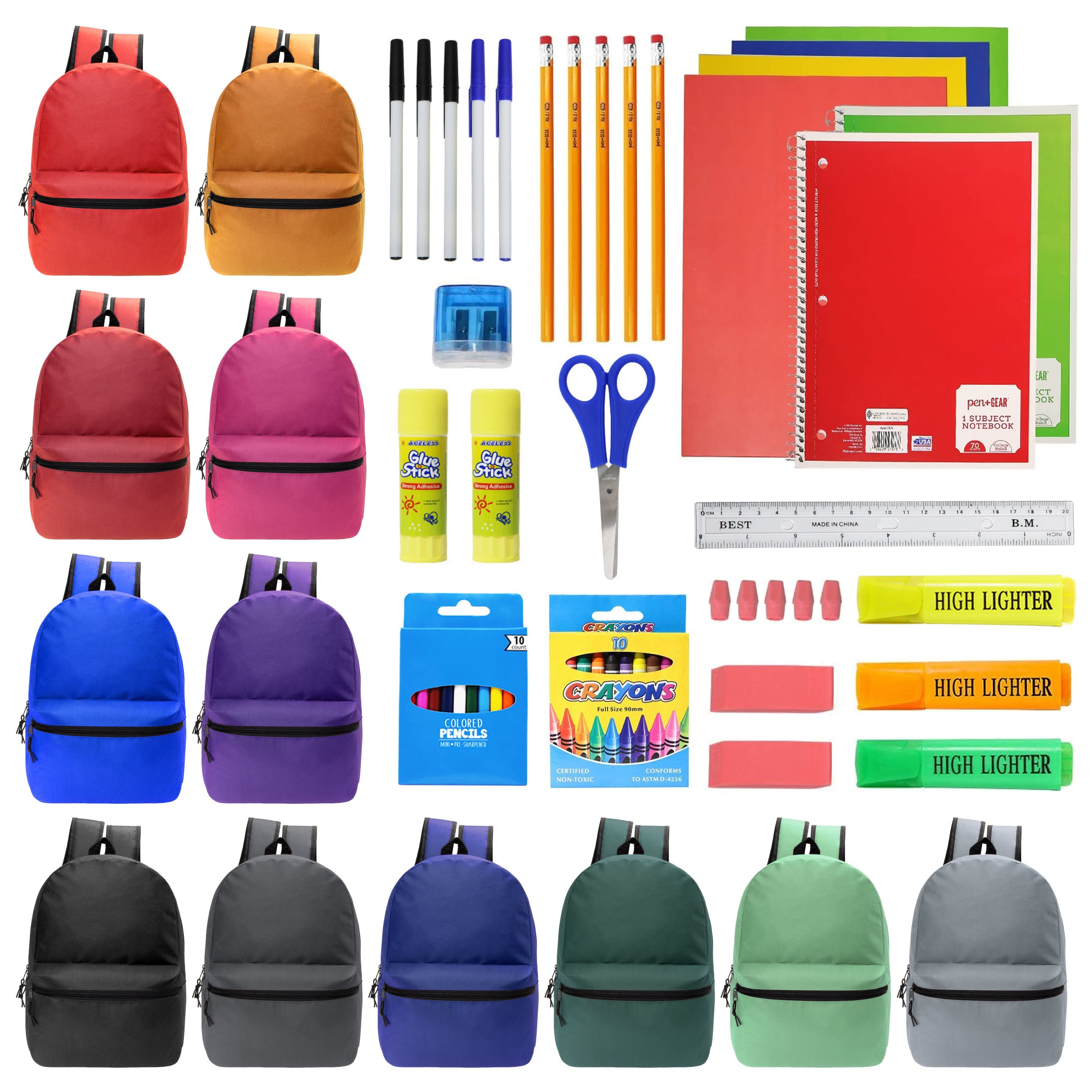 12 Wholesale 17" Basic Backpacks in Assorted Colors & 12 Bulk School Supply Kits of Your Choice