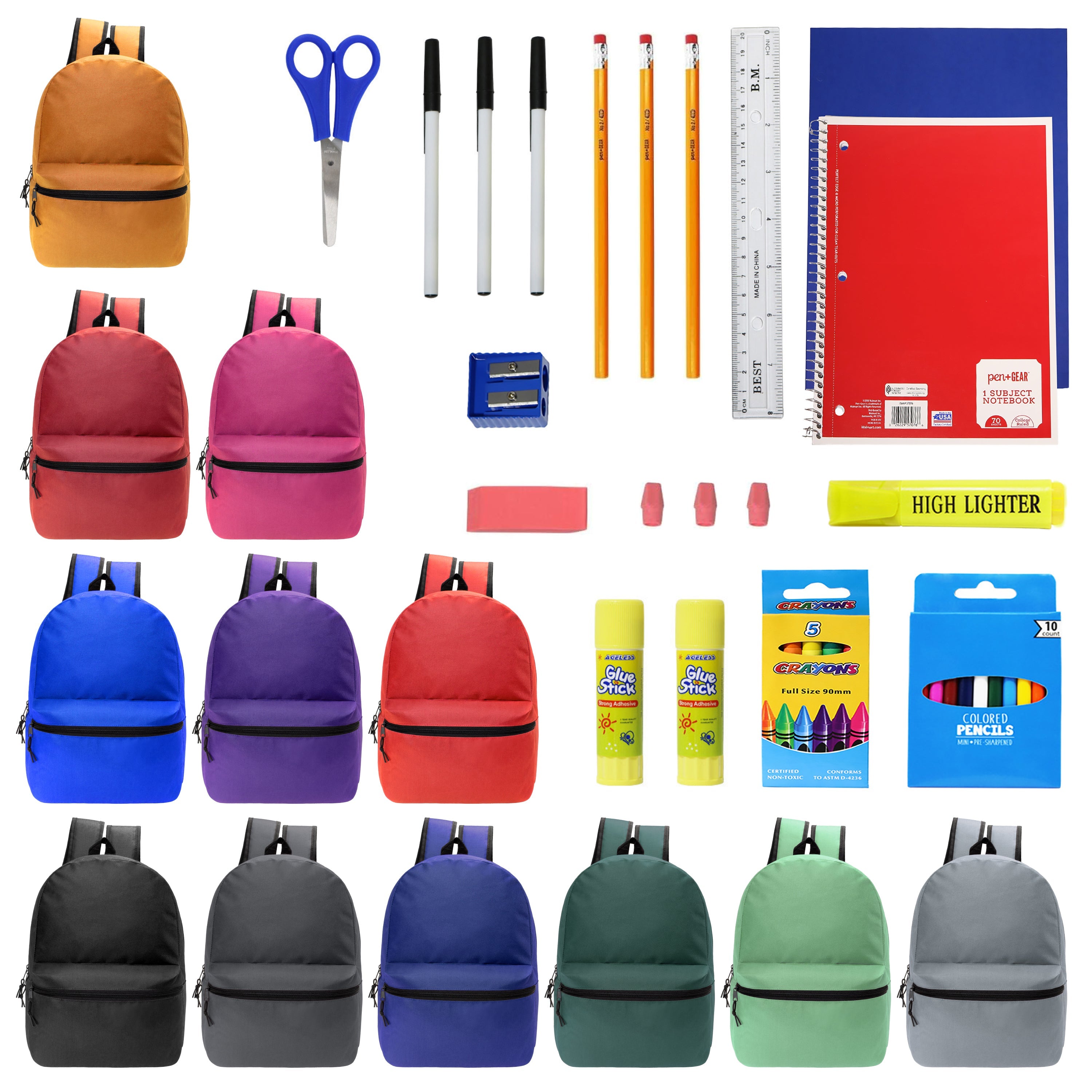 12 Wholesale 17" Basic Backpacks in Assorted Colors & 12 Bulk School Supply Kits of Your Choice