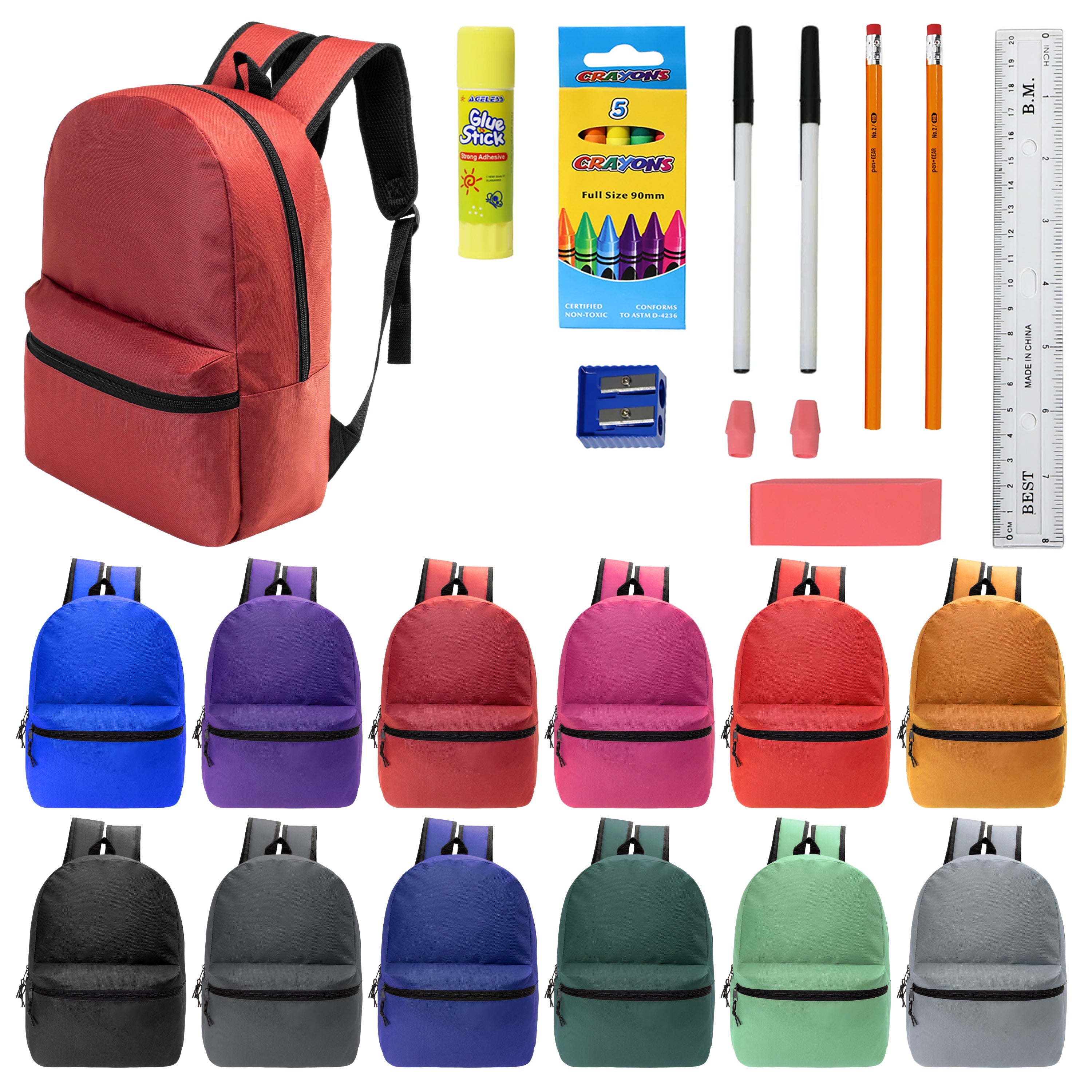 12 Wholesale 17" Basic Backpacks in Assorted Colors & 12 Bulk School Supply Kits of Your Choice