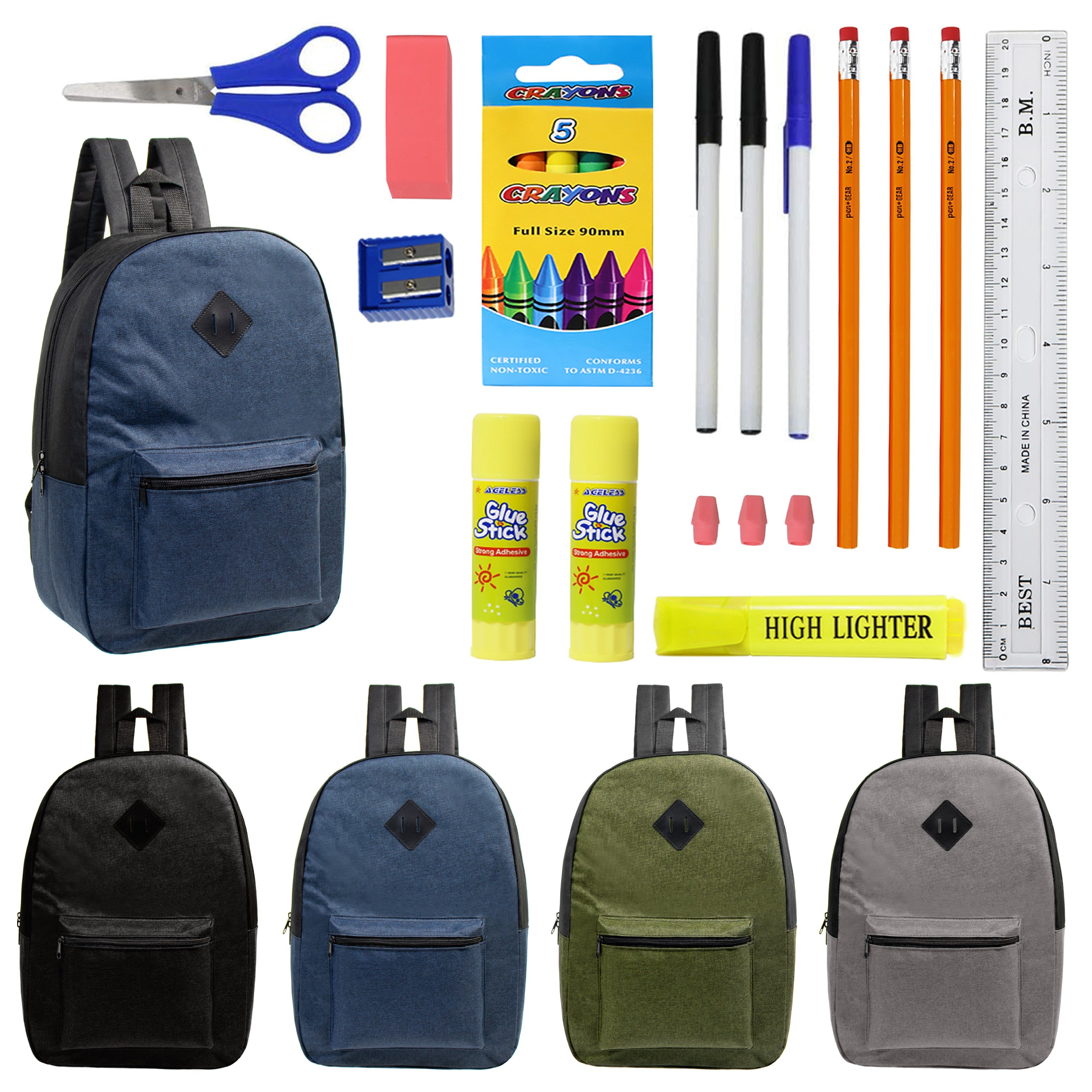 17" Wholesale Backpacks in Assorted Colors with School Supply Kits Bulk - Kit of 12