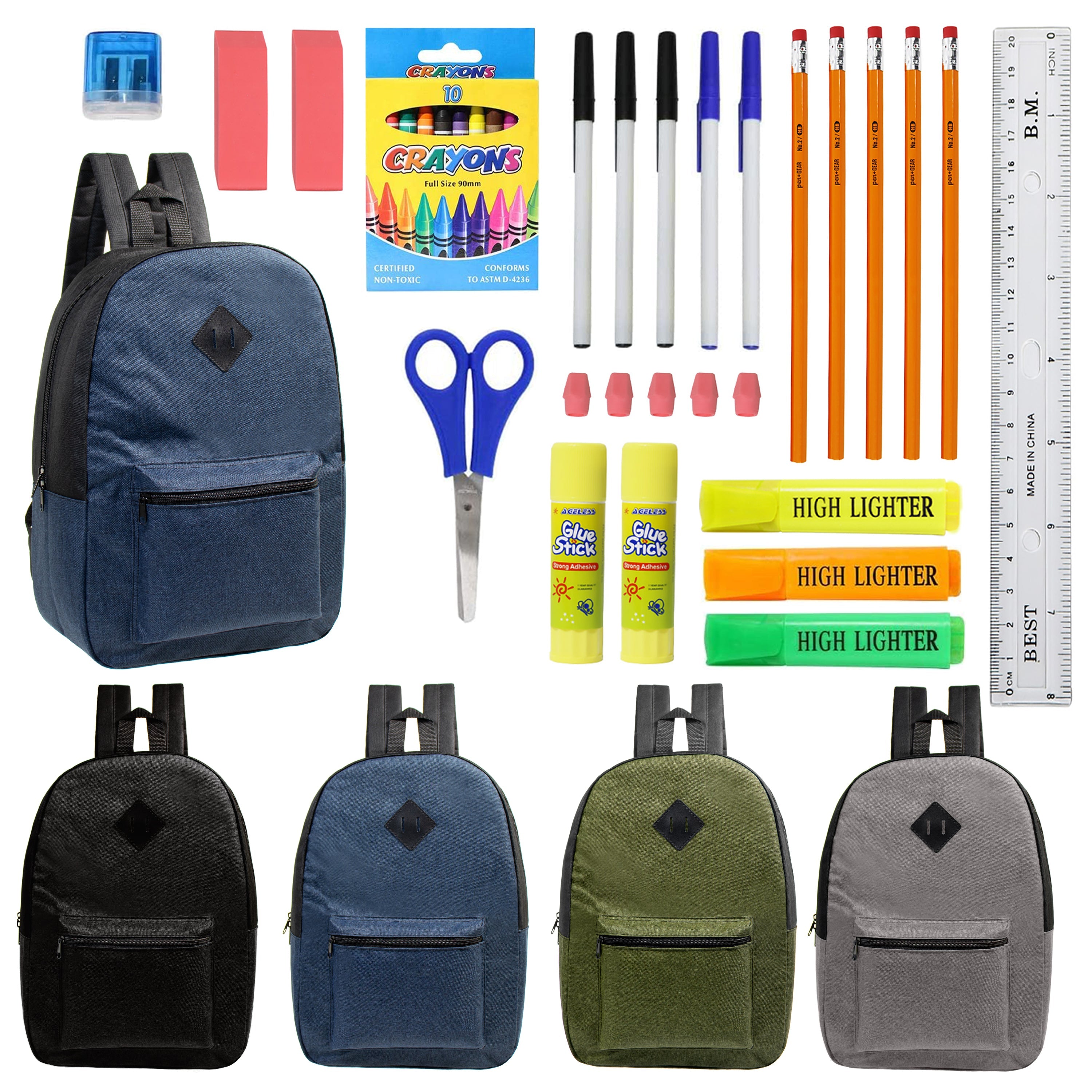 17" Wholesale Backpacks in Assorted Colors with School Supply Kits Bulk - Kit of 12