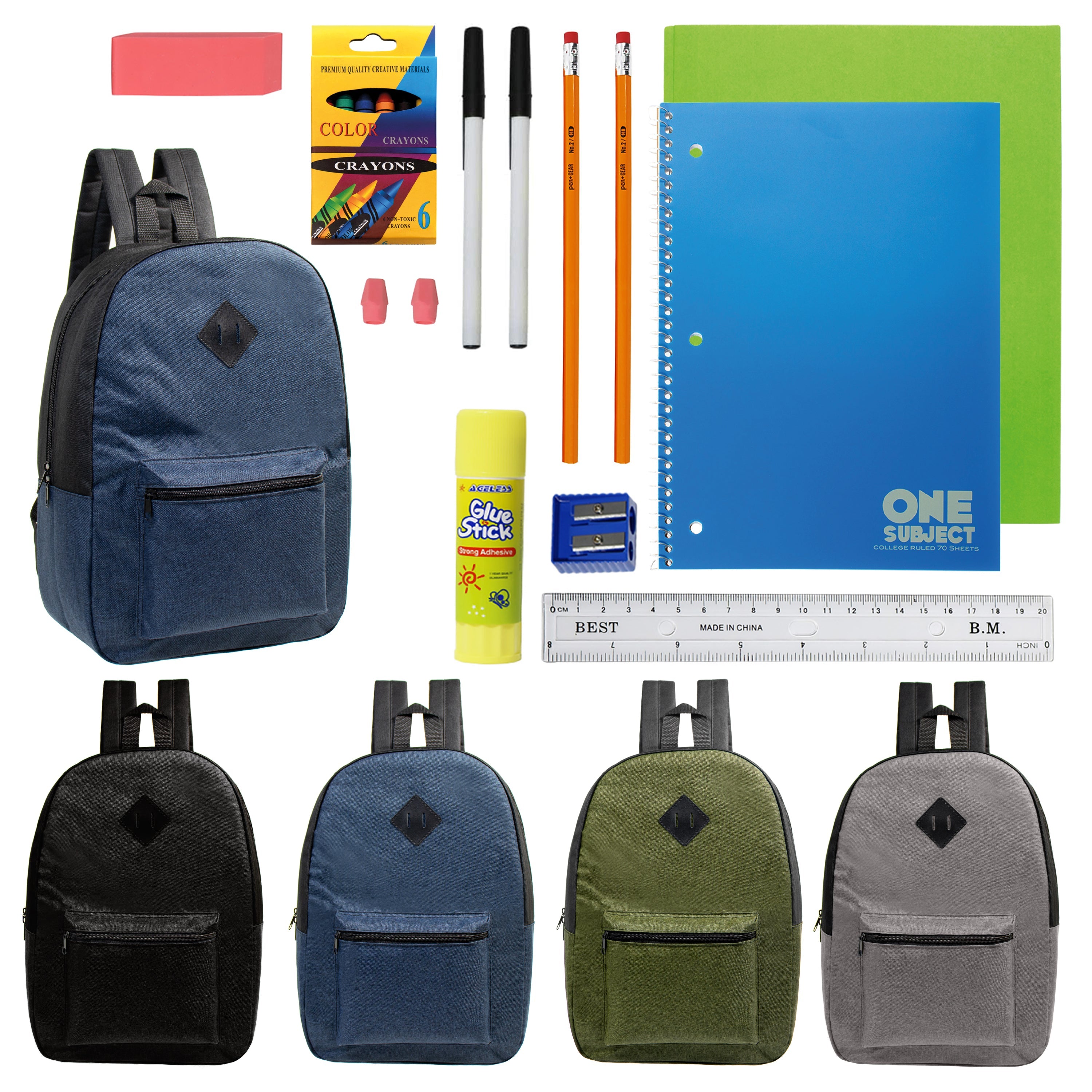 17" Wholesale Backpacks in Assorted Colors with School Supply Kits Bulk - Kit of 12