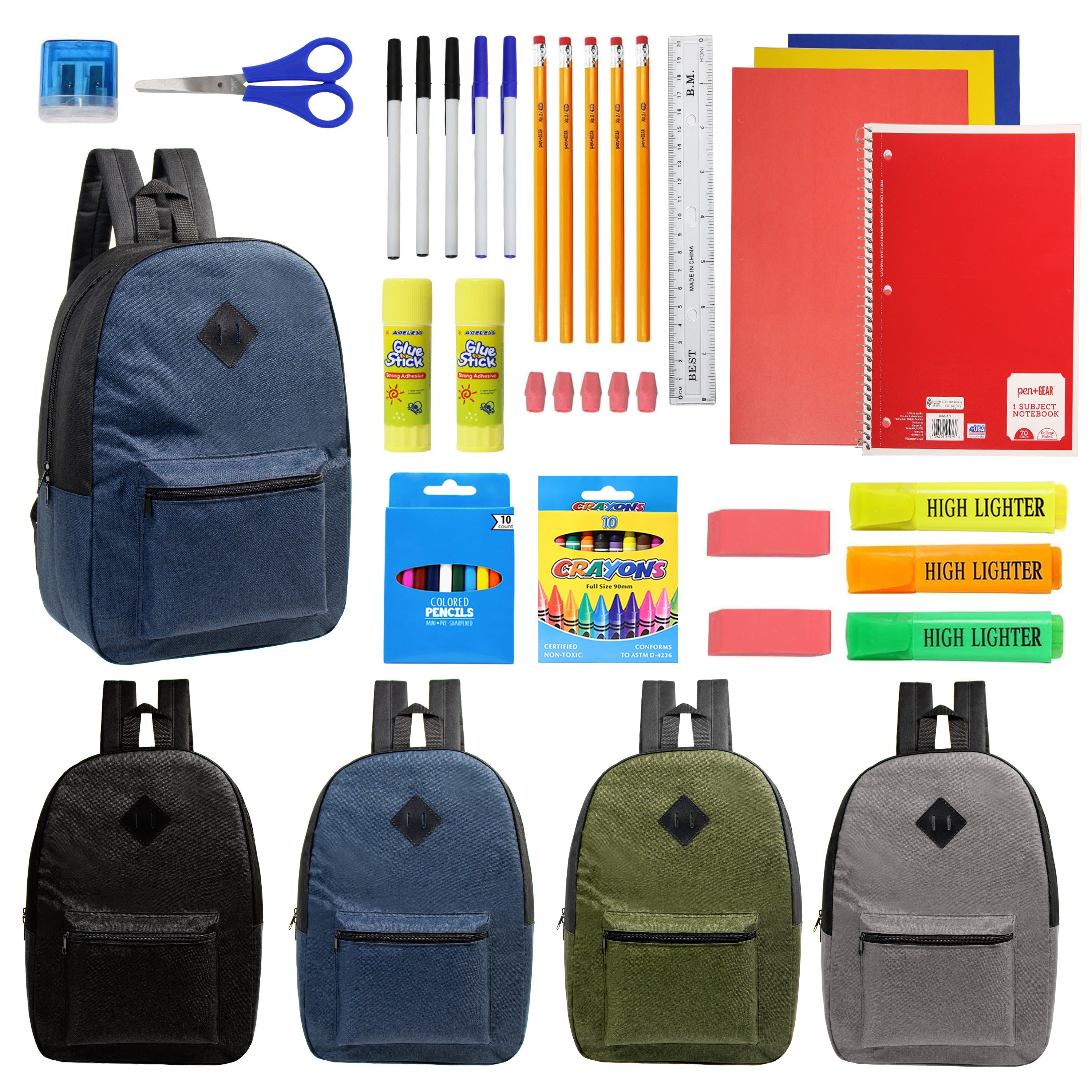 17" Wholesale Backpacks in Assorted Colors with School Supply Kits Bulk - Kit of 12