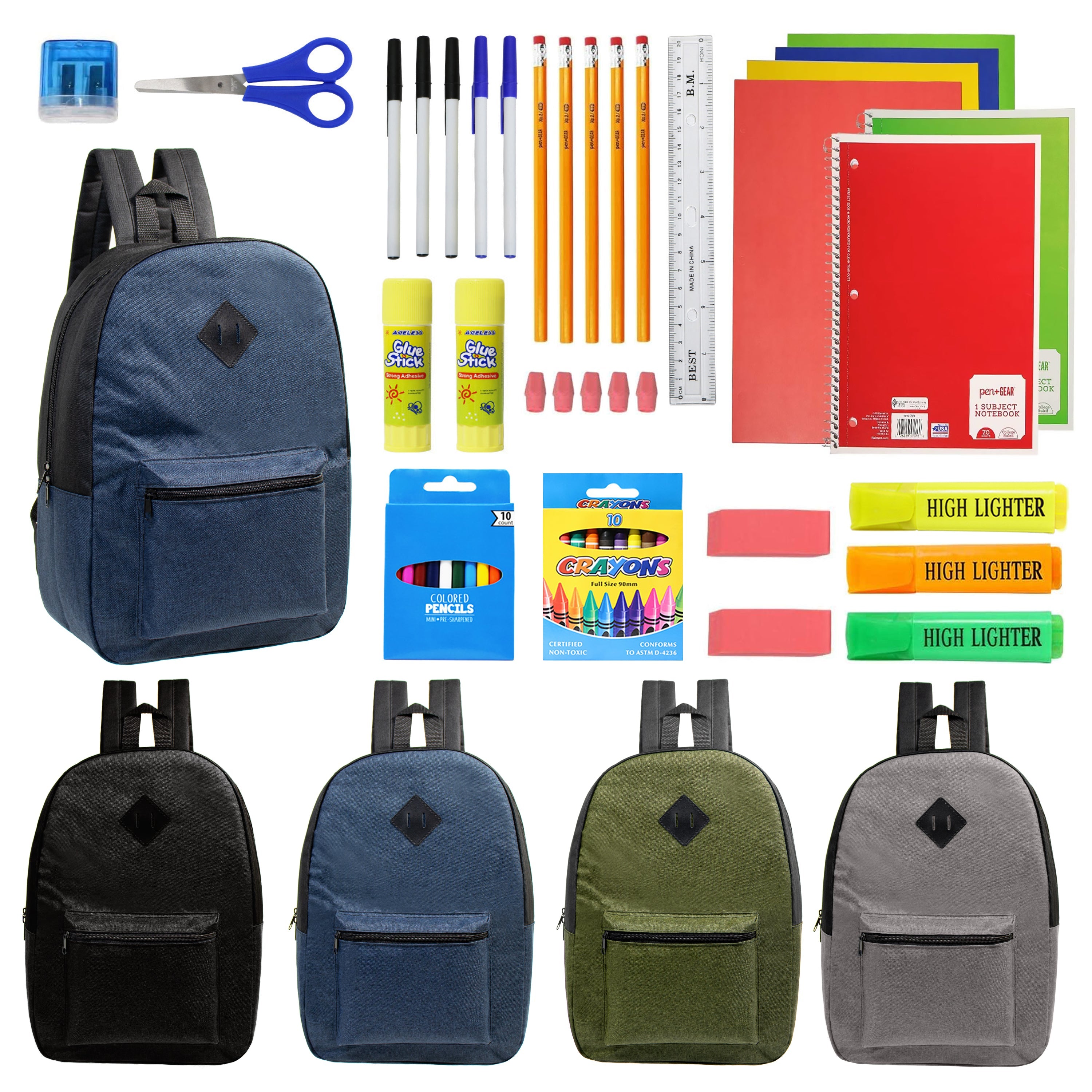 17" Wholesale Backpacks in Assorted Colors with School Supply Kits Bulk - Kit of 12