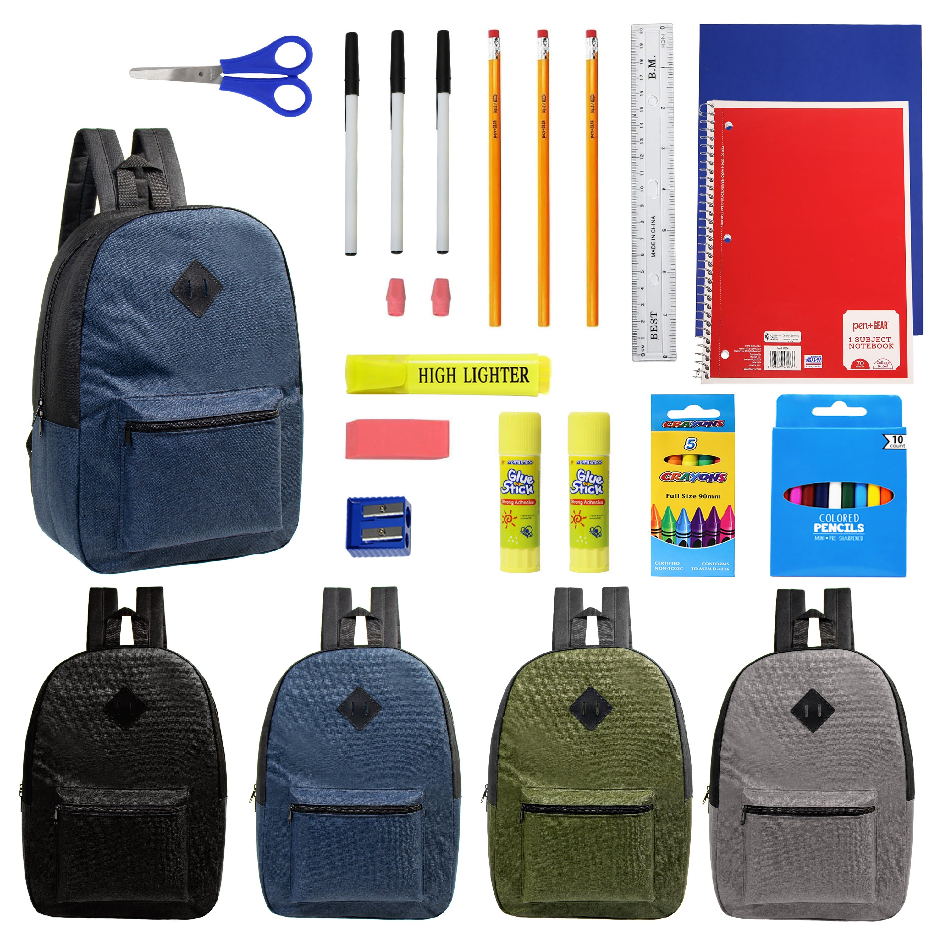 17" Wholesale Backpacks in Assorted Colors with School Supply Kits Bulk - Kit of 12