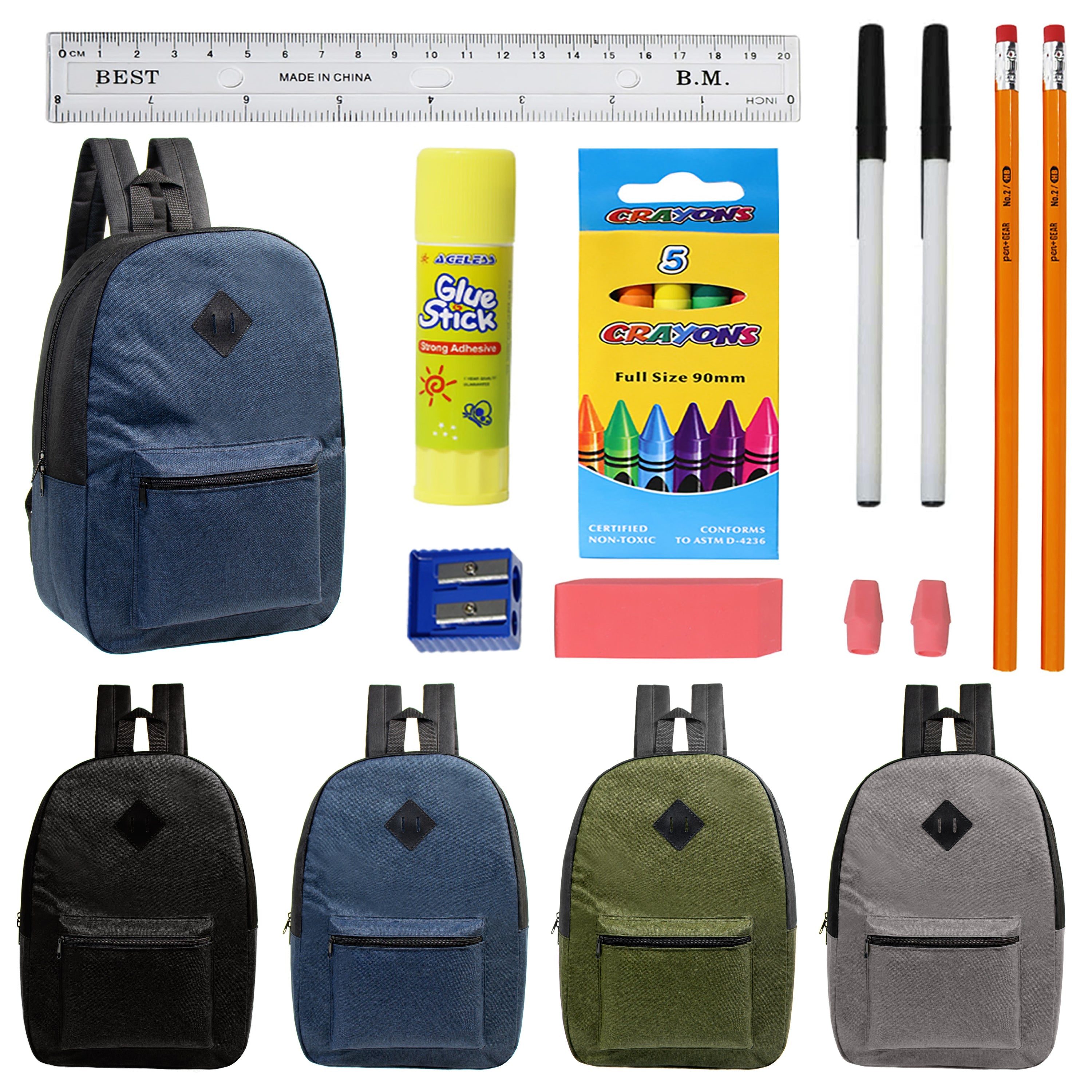 17" Wholesale Backpacks in Assorted Colors with School Supply Kits Bulk - Kit of 12