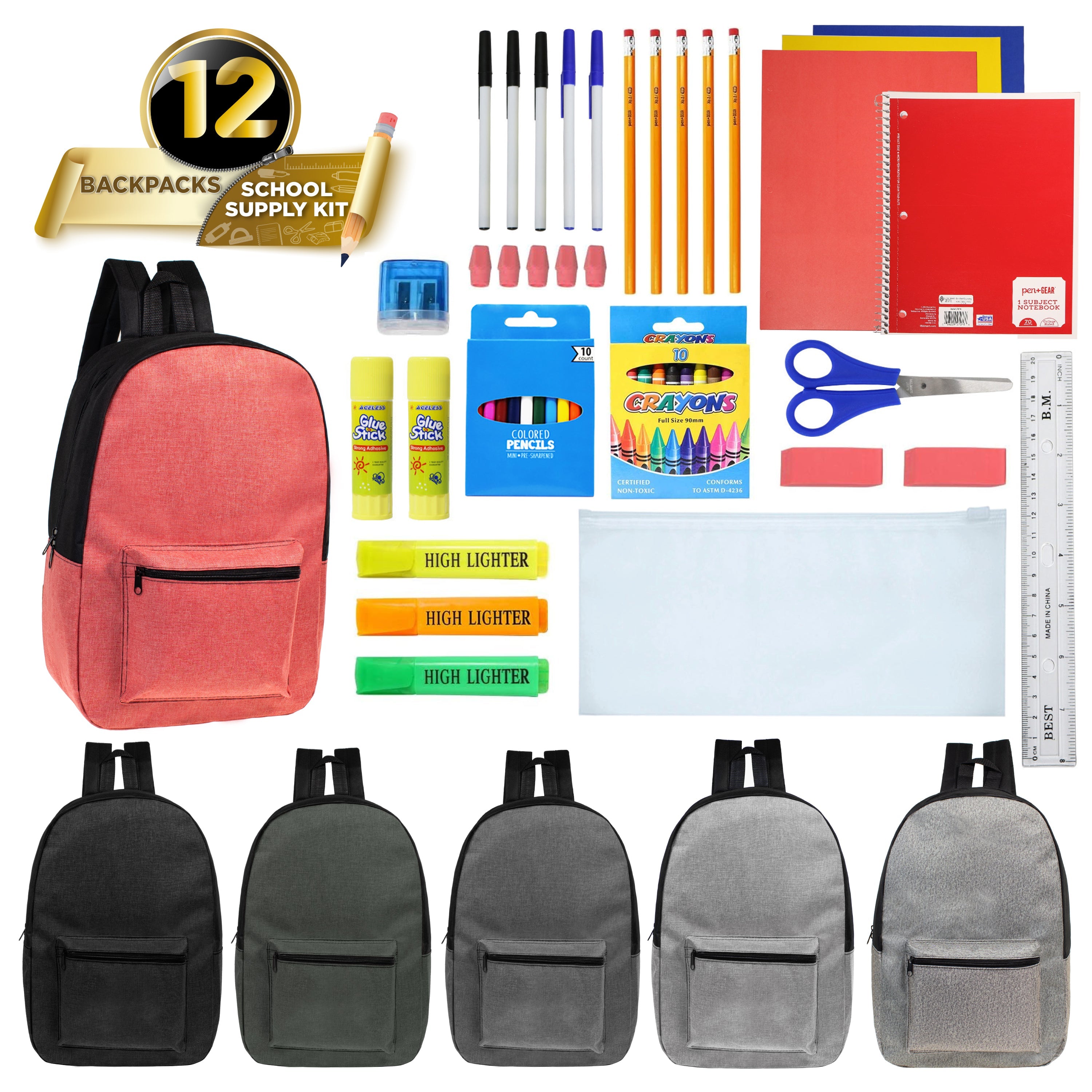 12 Wholesale 17" Backpacks in 6 Colors w/Black Trim and 12 Bulk School Supply Kits of Your Choice