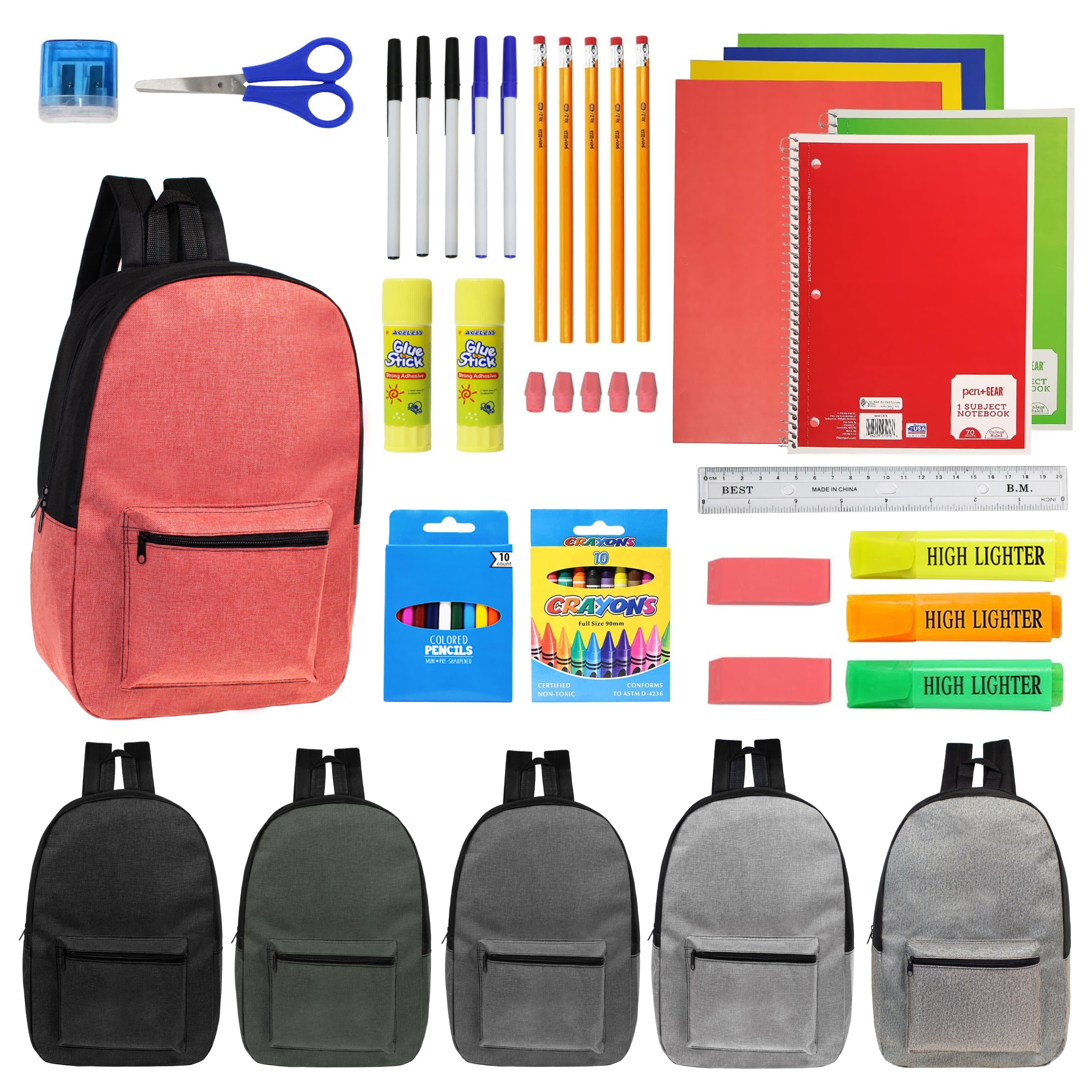 12 Wholesale 17" Backpacks in 6 Colors w/Black Trim and 12 Bulk School Supply Kits of Your Choice