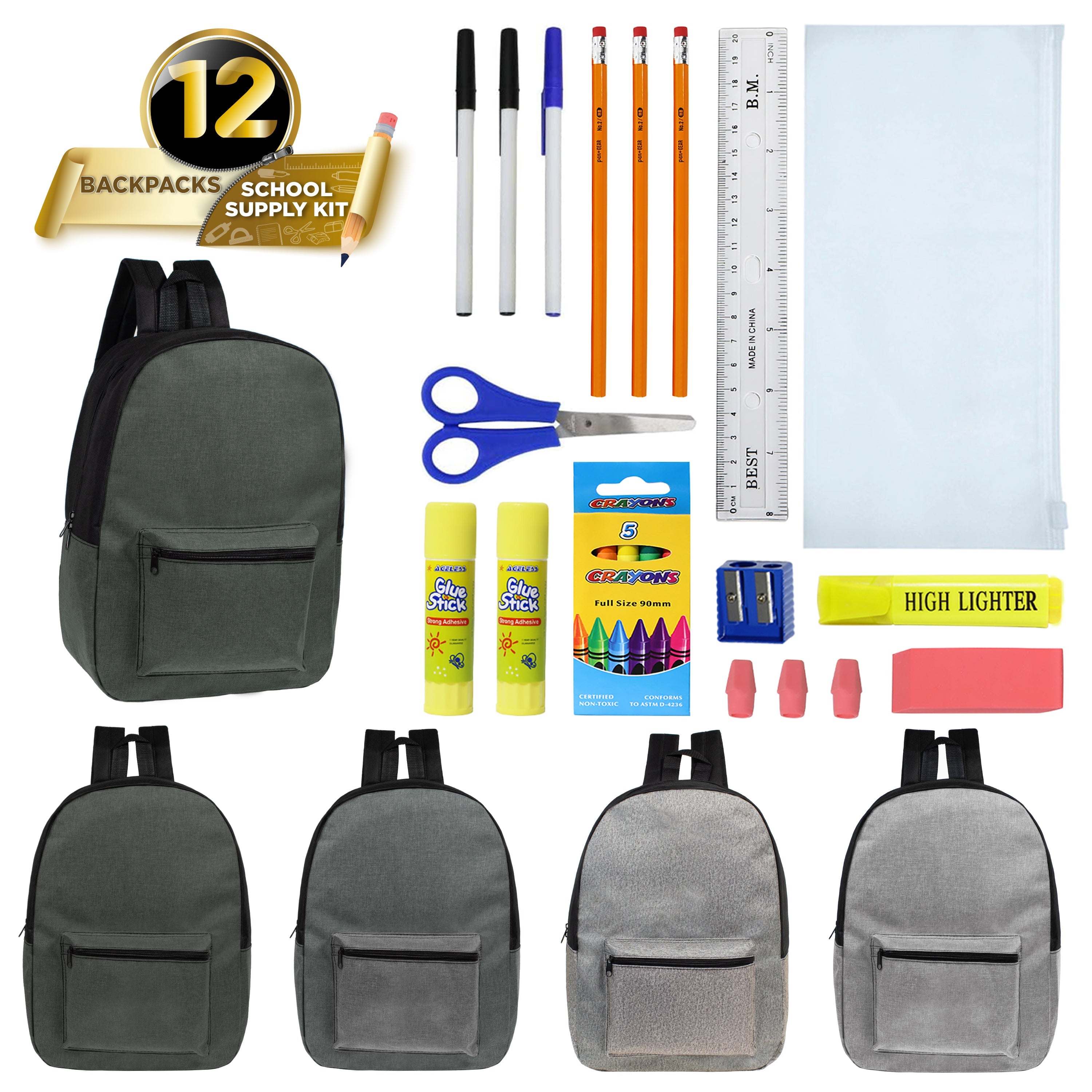 12 Wholesale 17" Backpacks in Gray Colors & 12 Bulk School Supply Kits