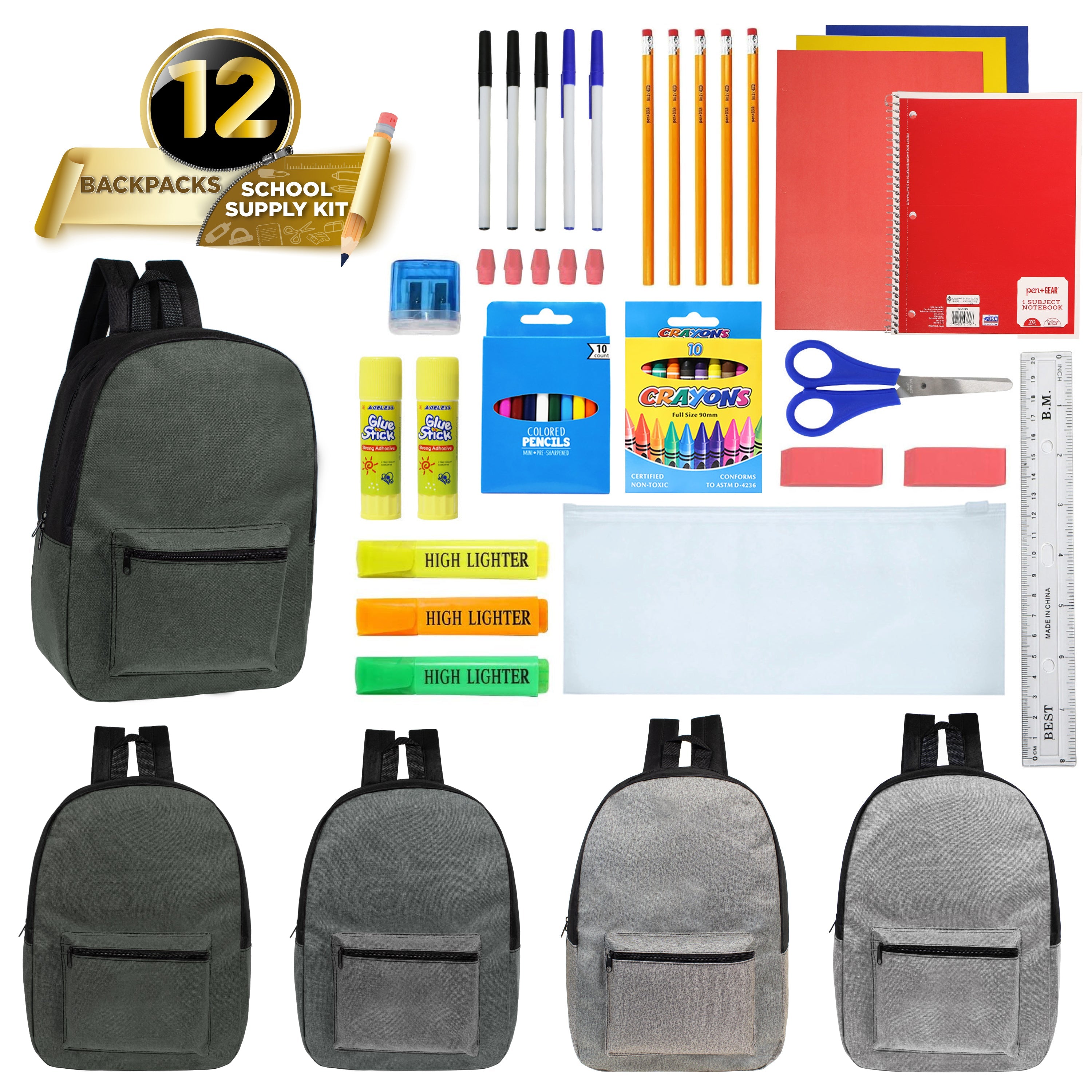 12 Wholesale 17" Backpacks in Gray Colors & 12 Bulk School Supply Kits