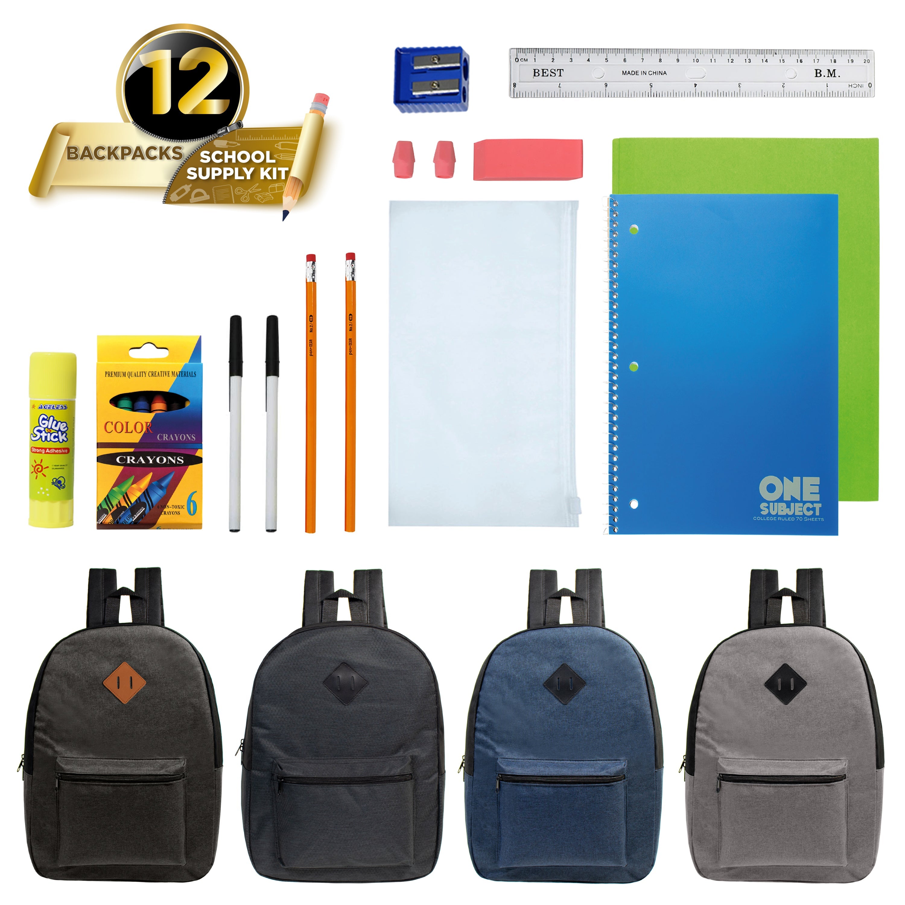 12 Wholesale Diamond Patch Backpacks in 4 Colors & 12 Bulk School Supply Kits of Your Choice