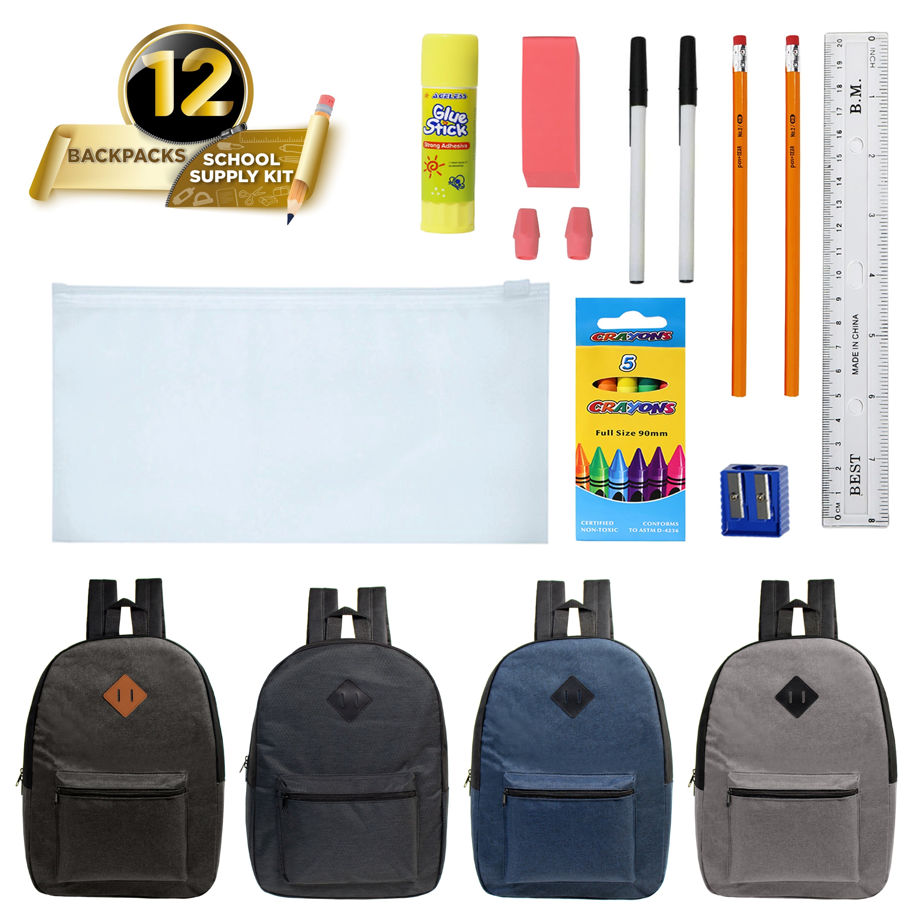 12 Wholesale Diamond Patch Backpacks in 4 Colors & 12 Bulk School Supply Kits of Your Choice