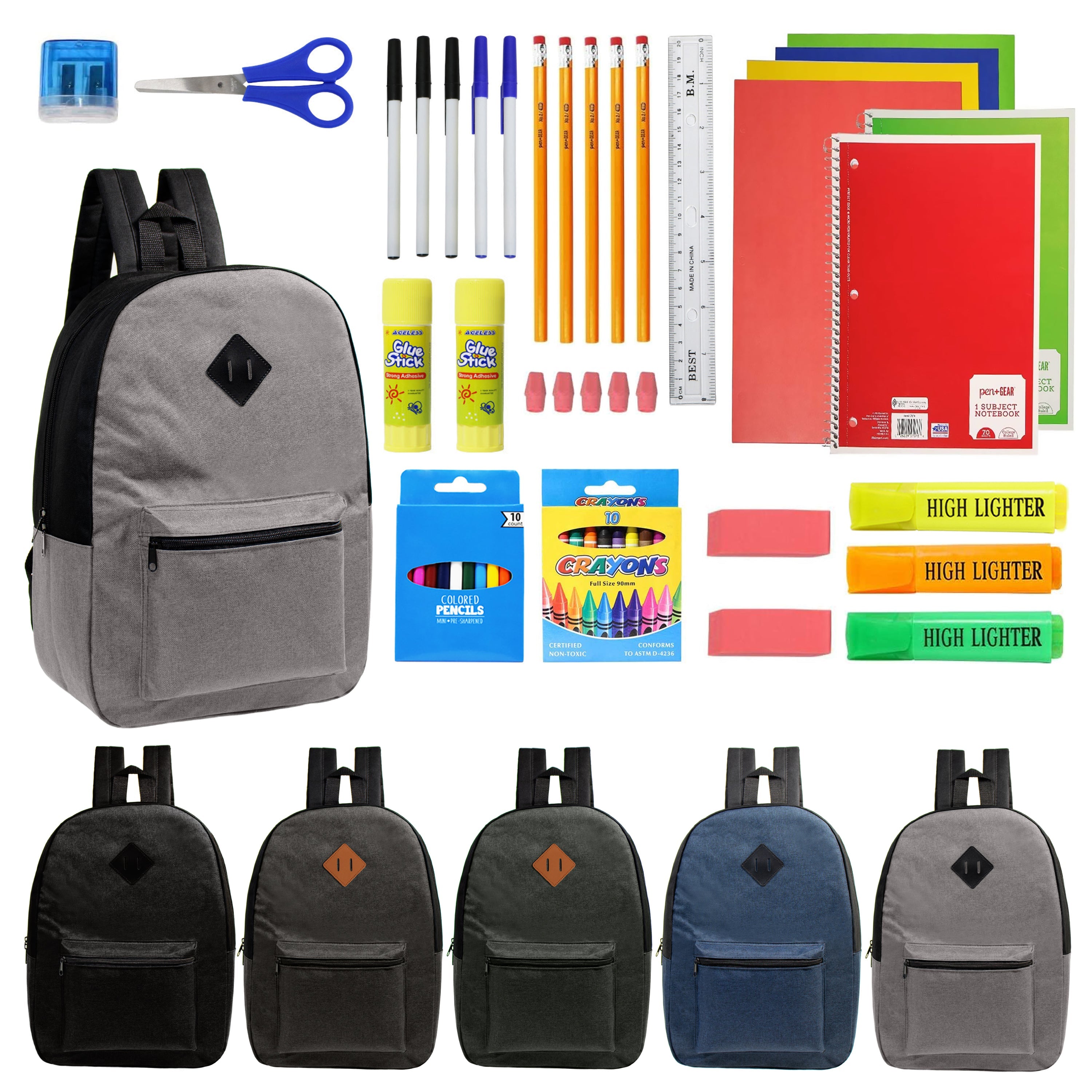 12 Wholesale 17" Diamond Patch Backpacks and 12 Bulk School Supply Kits of Your Choice