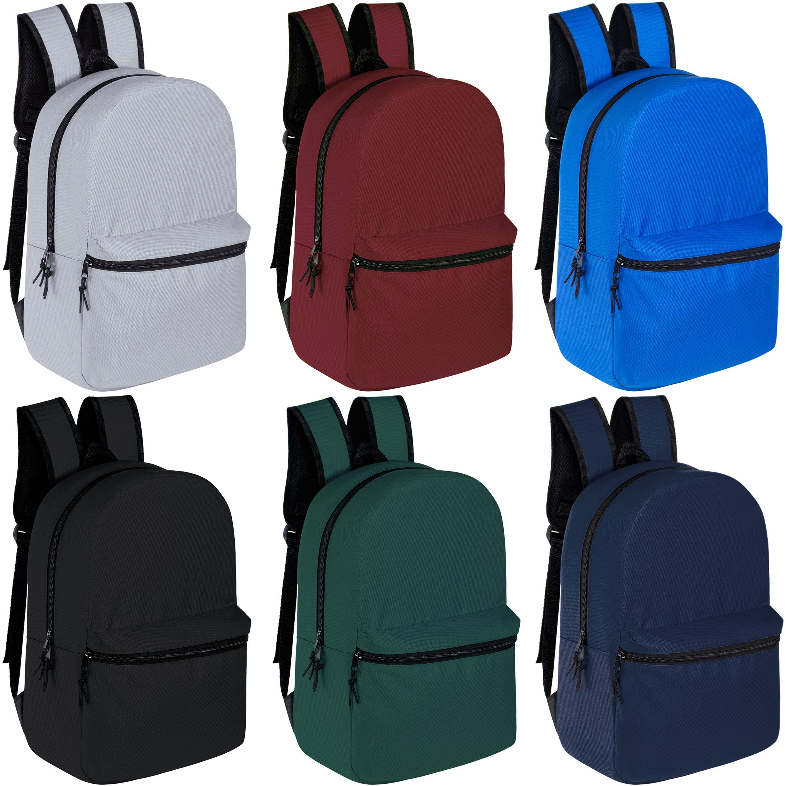15" Kids Basic Wholesale Backpack in 6 Colors - Bulk Case of 6