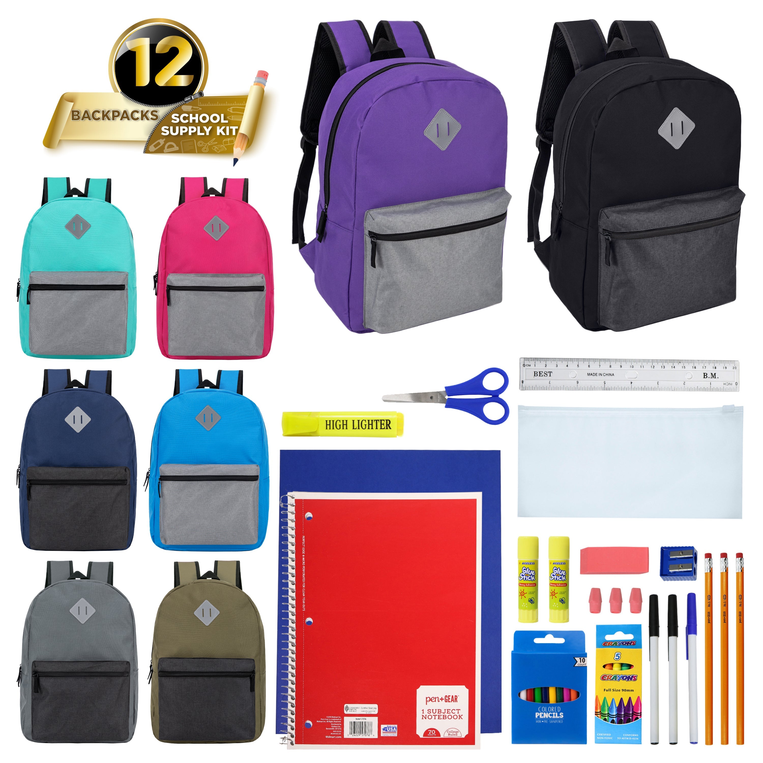 12 Wholesale 17" Diamond Patch Backpacks in 8 Colors & 12 Bulk School Supply Kits of Your Choice