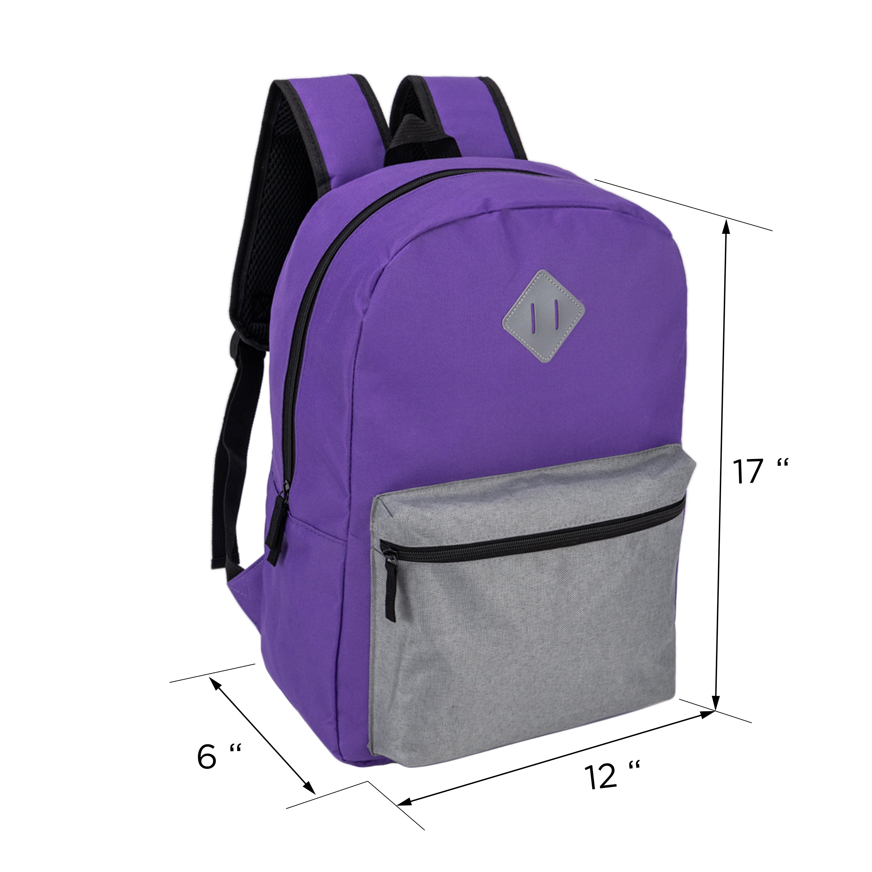 17" Wholesale Two Tone Backpack with a Diamond Patch in 8 Colors - Bulk Case of 24 Bookbags