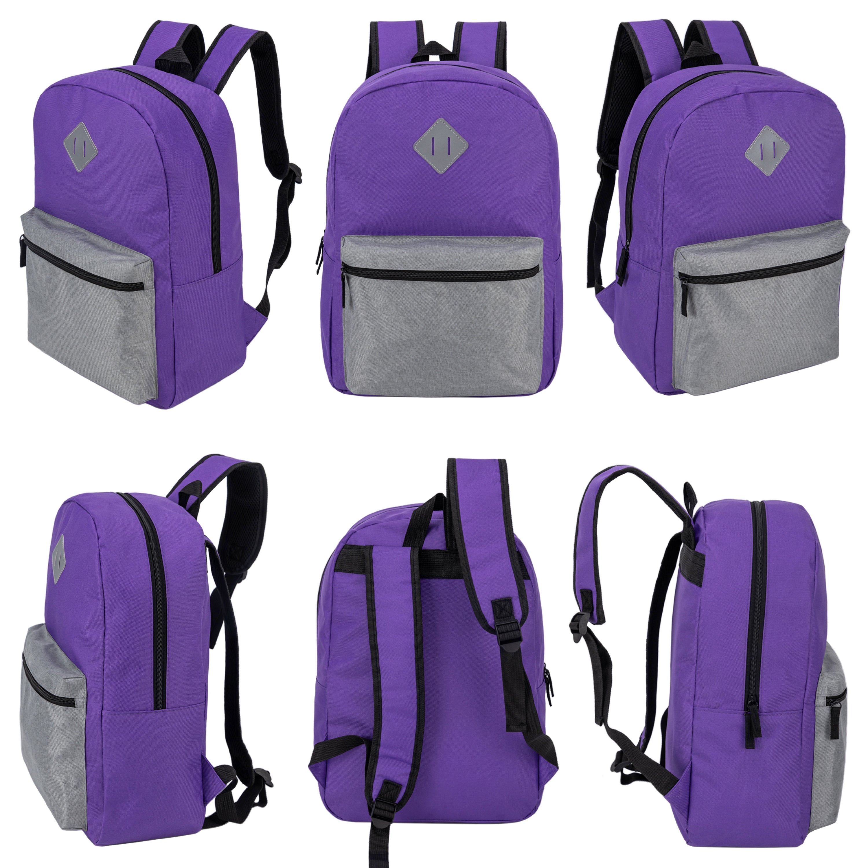 17" Wholesale Two Tone Backpack with a Diamond Patch in 8 Colors - Bulk Case of 24 Bookbags