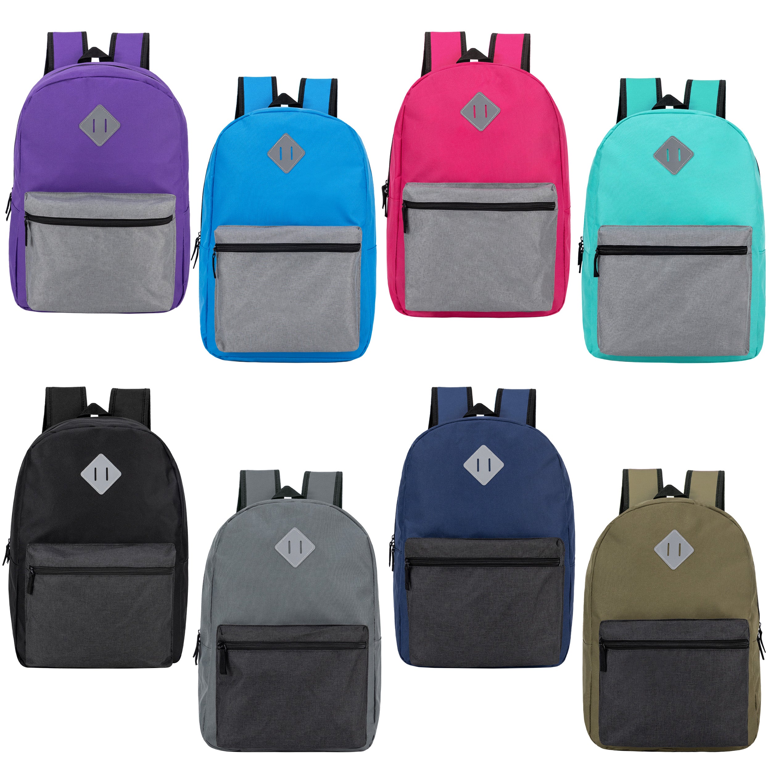 17" Wholesale Two Tone Backpack with a Diamond Patch in 8 Colors - Bulk Case of 24 Bookbags