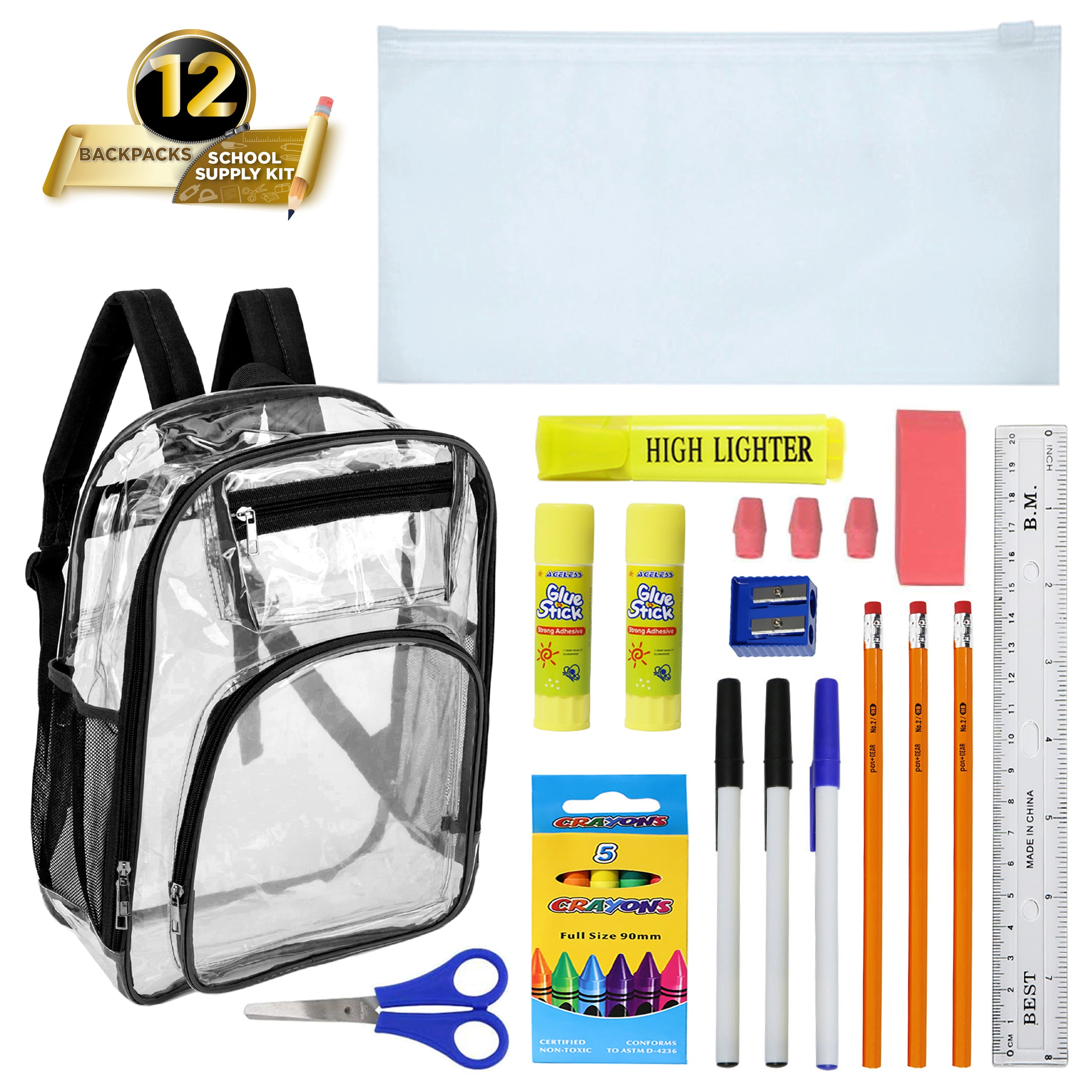 12 Premium 17" Wholesale Clear Backpacks w/Black Trim & 12 Bulk School Supply Kits of Your Choice
