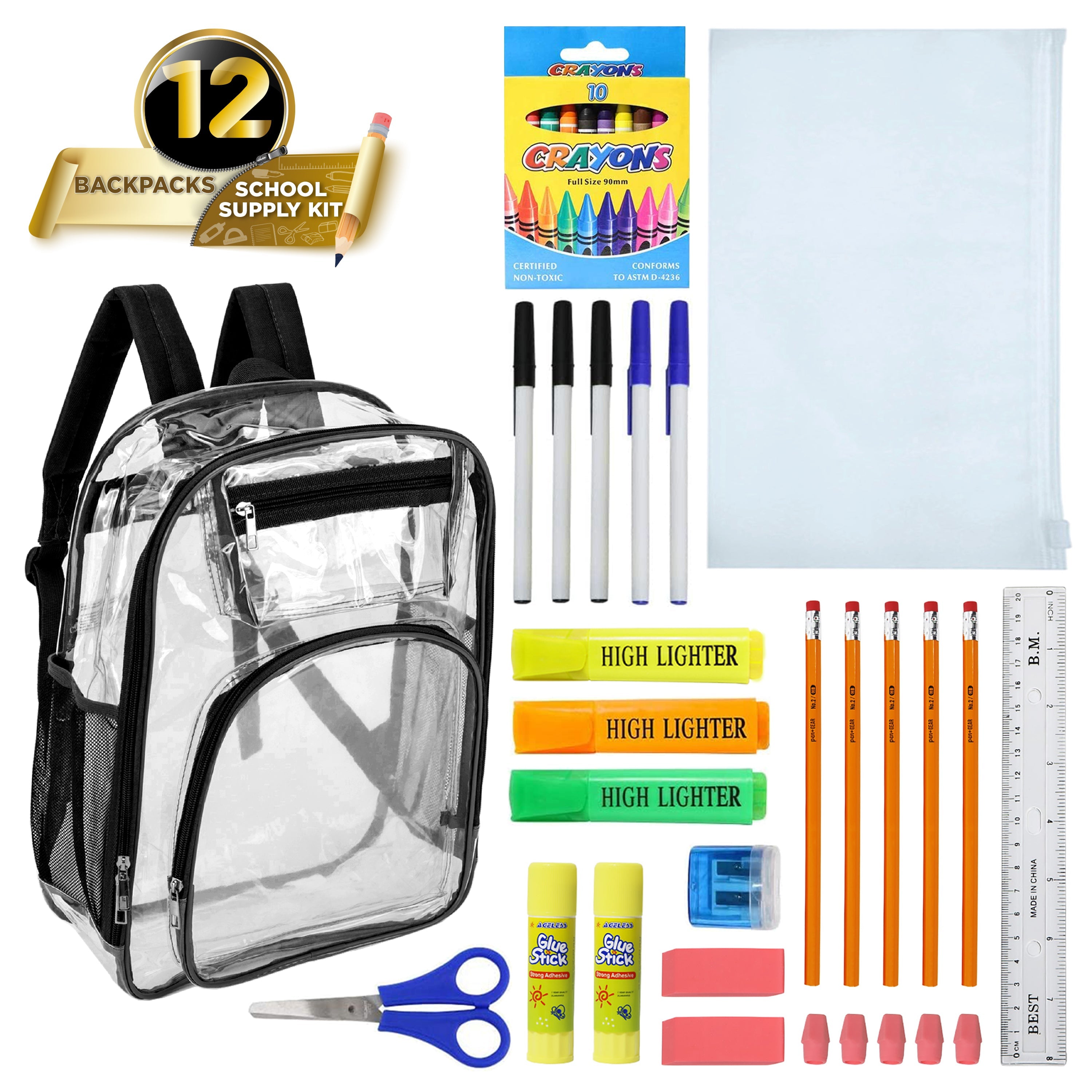 12 Premium 17" Wholesale Clear Backpacks w/Black Trim & 12 Bulk School Supply Kits of Your Choice