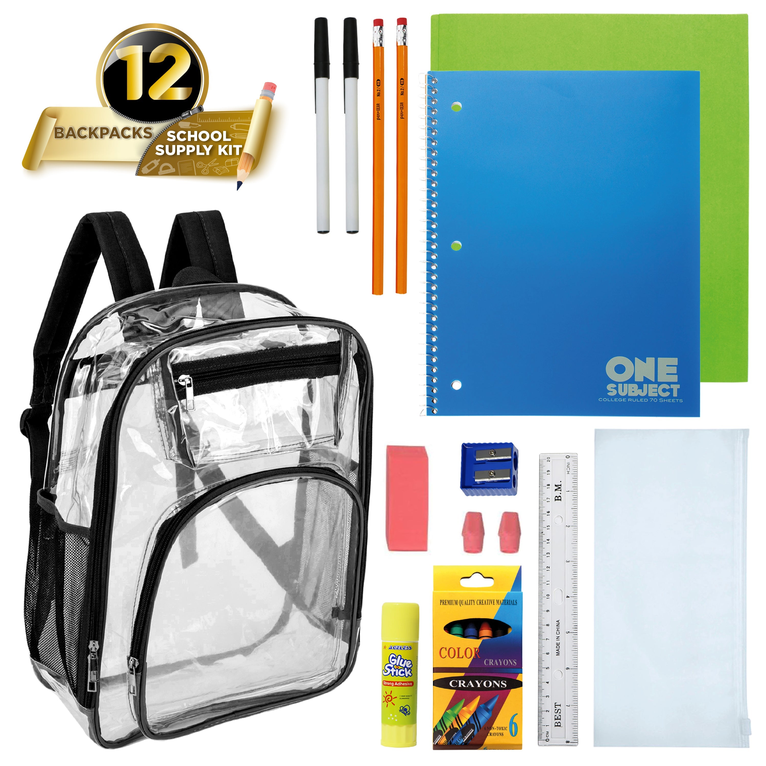 12 Premium 17" Wholesale Clear Backpacks w/Black Trim & 12 Bulk School Supply Kits of Your Choice