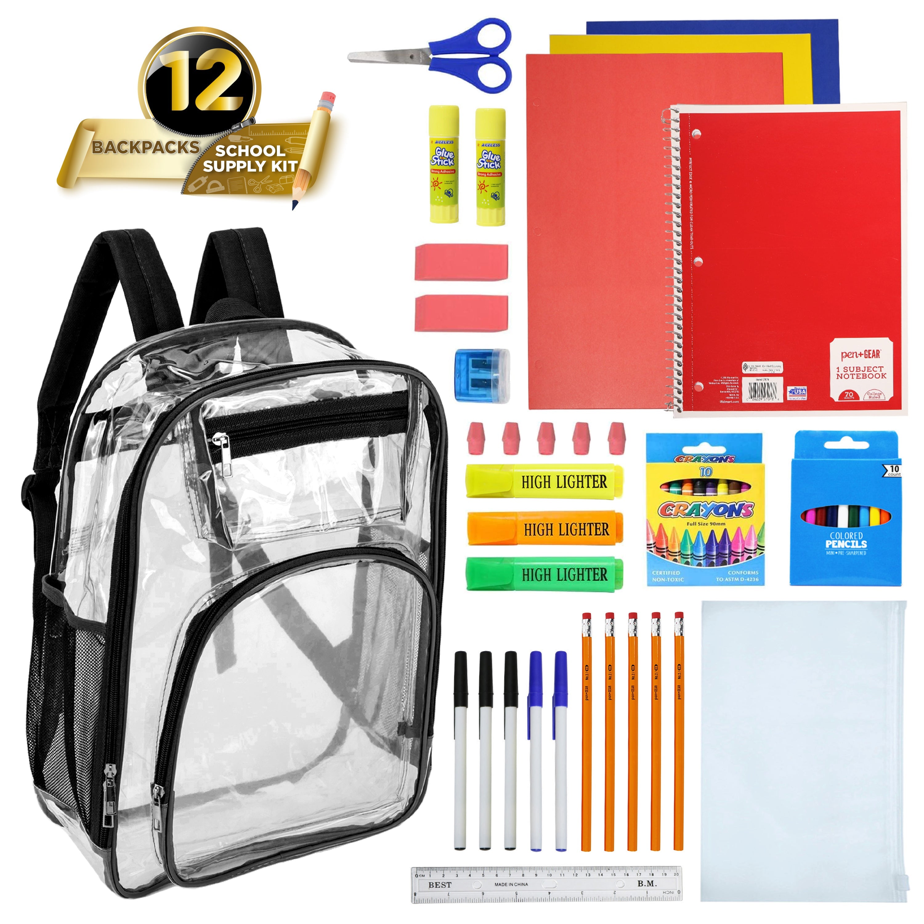 17" Premium Wholesale Clear Backpacks w/Black Trim & 12 Bulk School Supply Kits of Your Choice