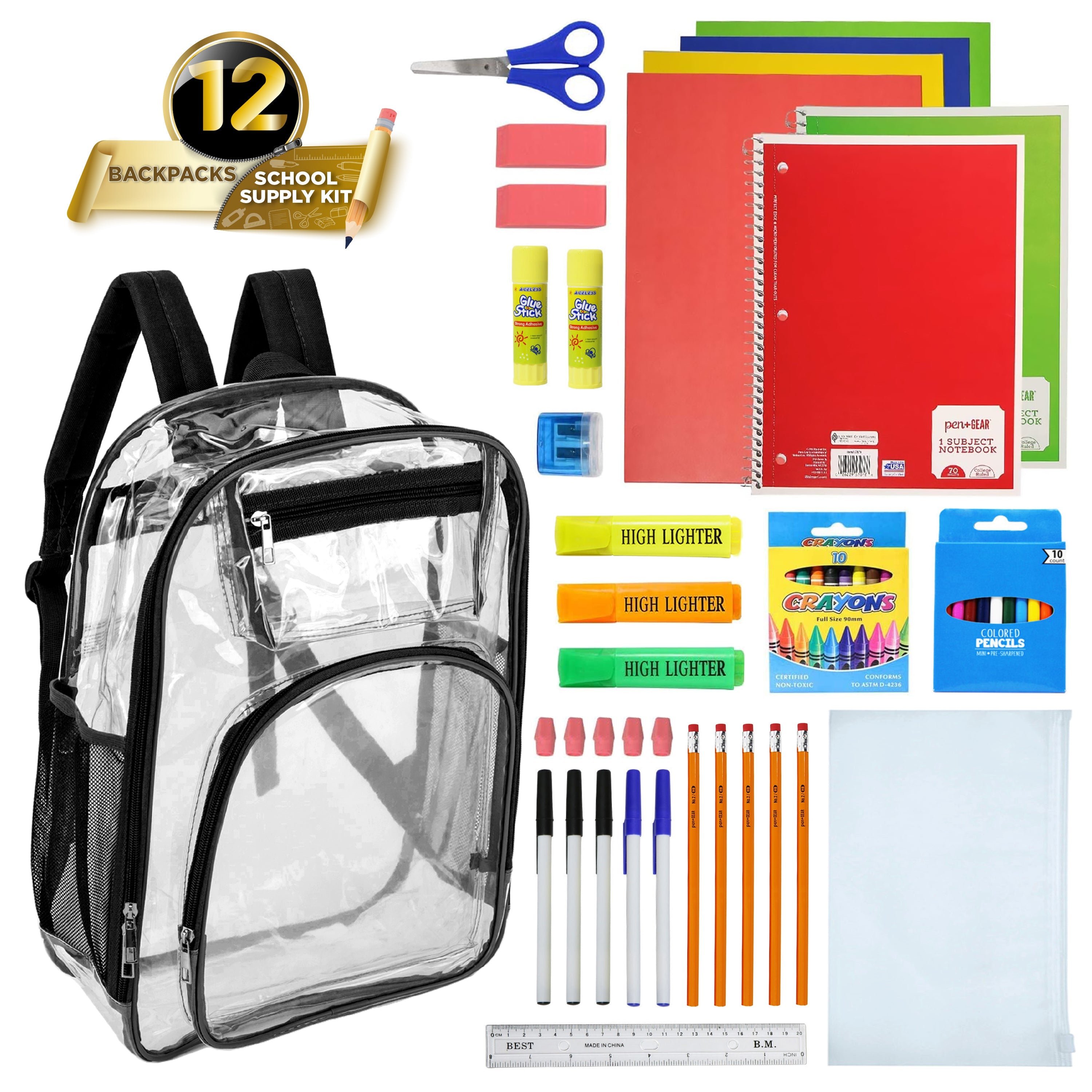 12 Premium 17" Wholesale Clear Backpacks w/Black Trim & 12 Bulk School Supply Kits of Your Choice