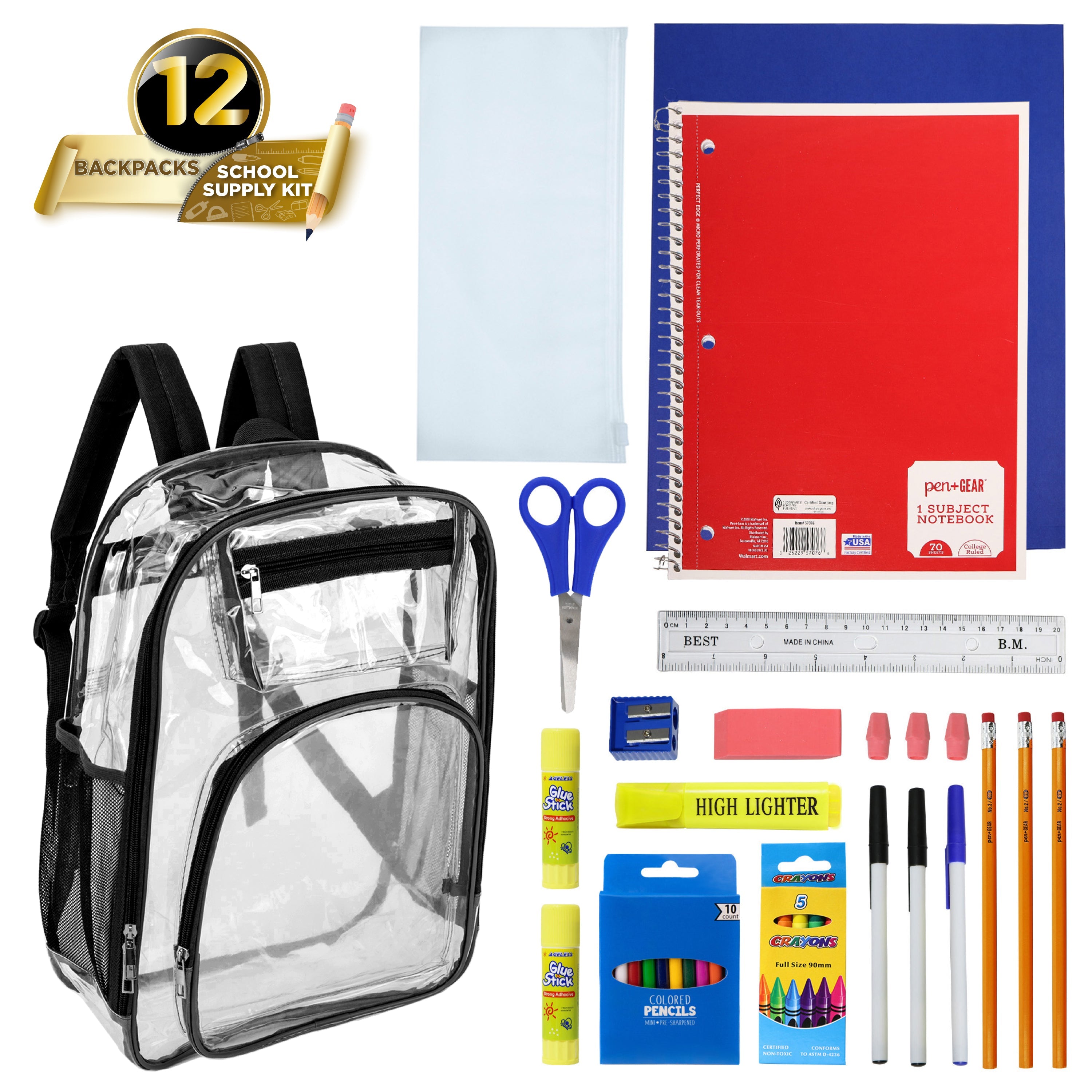 12 Premium 17" Wholesale Clear Backpacks w/Black Trim & 12 Bulk School Supply Kits of Your Choice