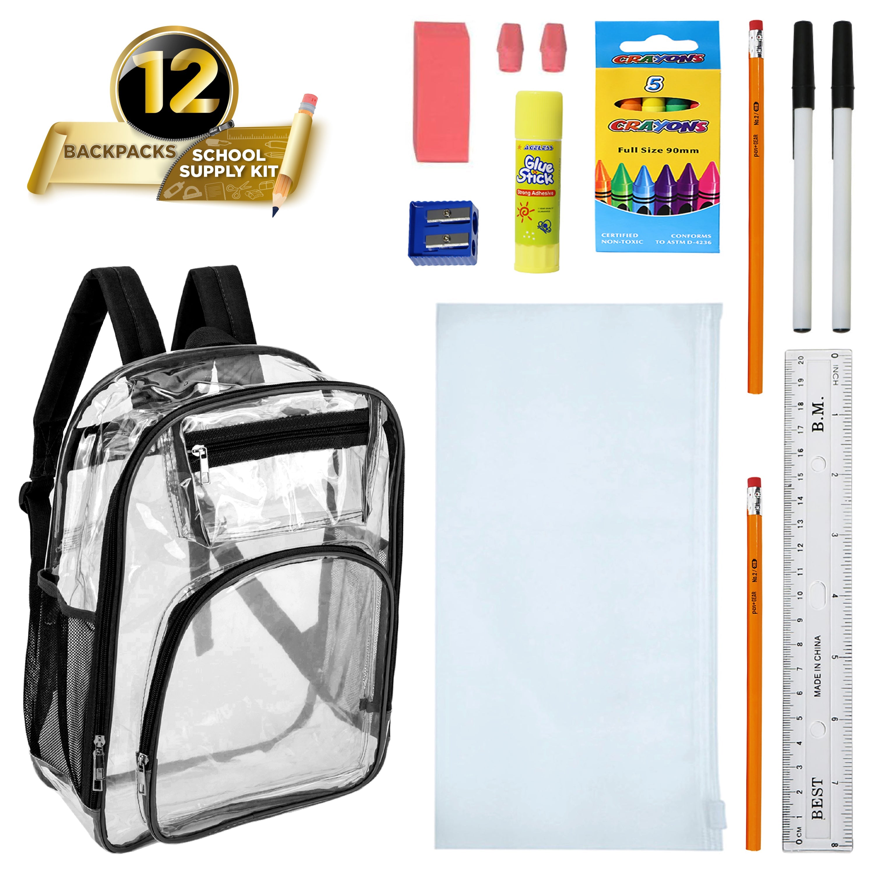 12 Premium 17" Wholesale Clear Backpacks w/Black Trim & 12 Bulk School Supply Kits of Your Choice