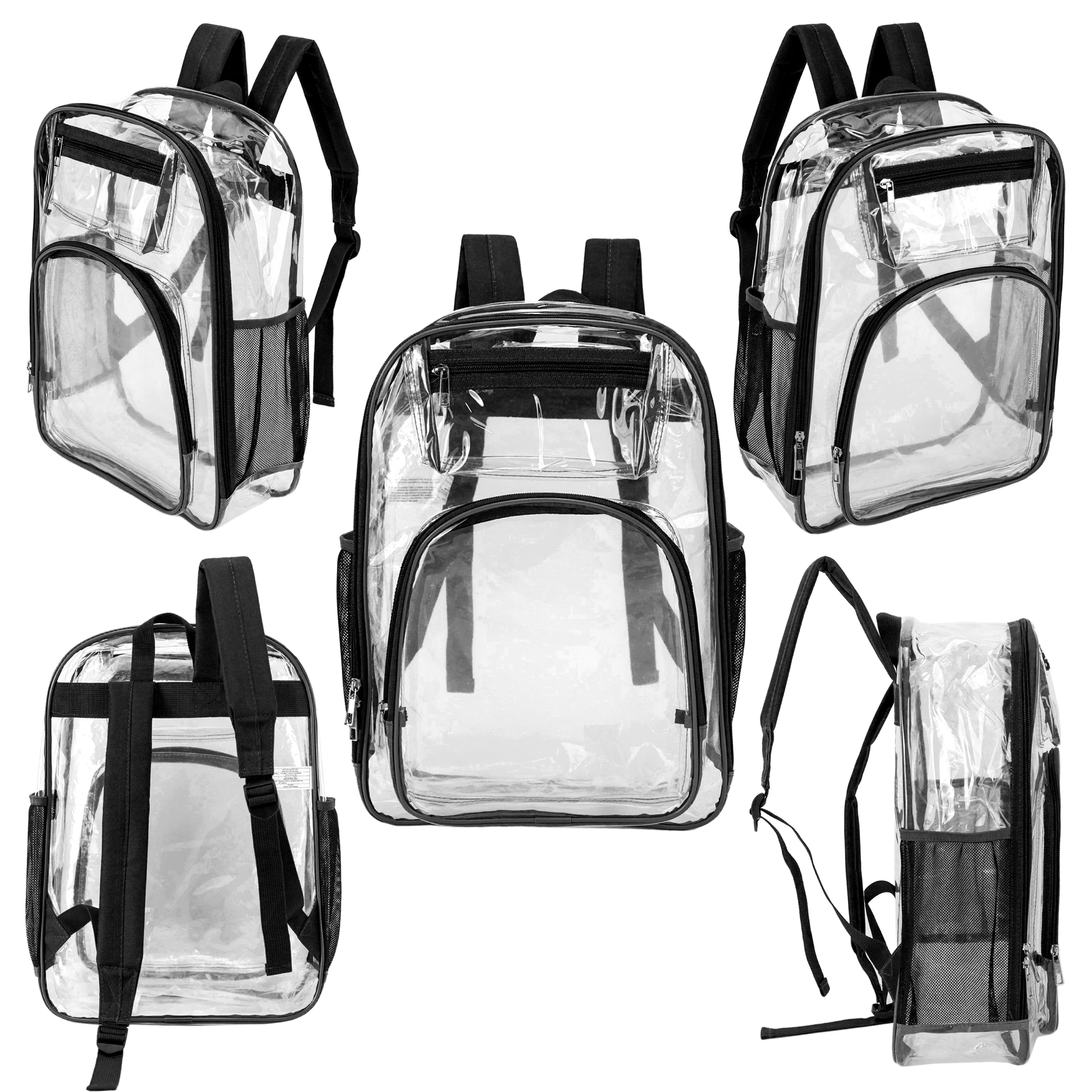 12 Premium 17" Wholesale Clear Backpacks w/Black Trim & 12 Bulk School Supply Kits of Your Choice