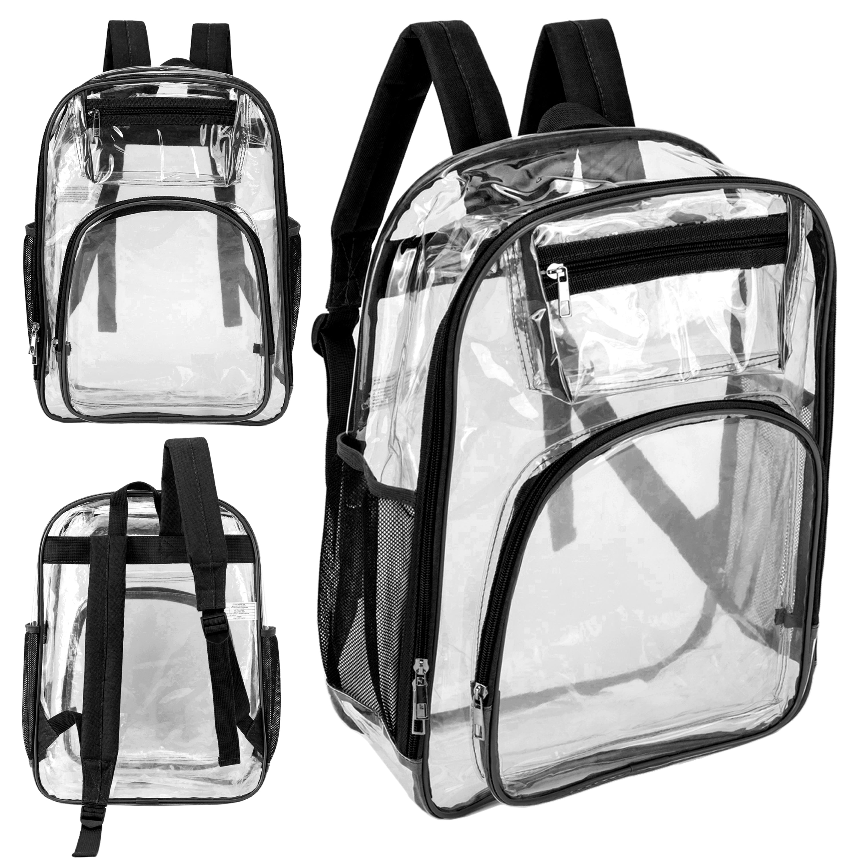 17" Premium Wholesale Clear Backpacks with Black Trim - Bulk Case of 24 Transparent Bookbags