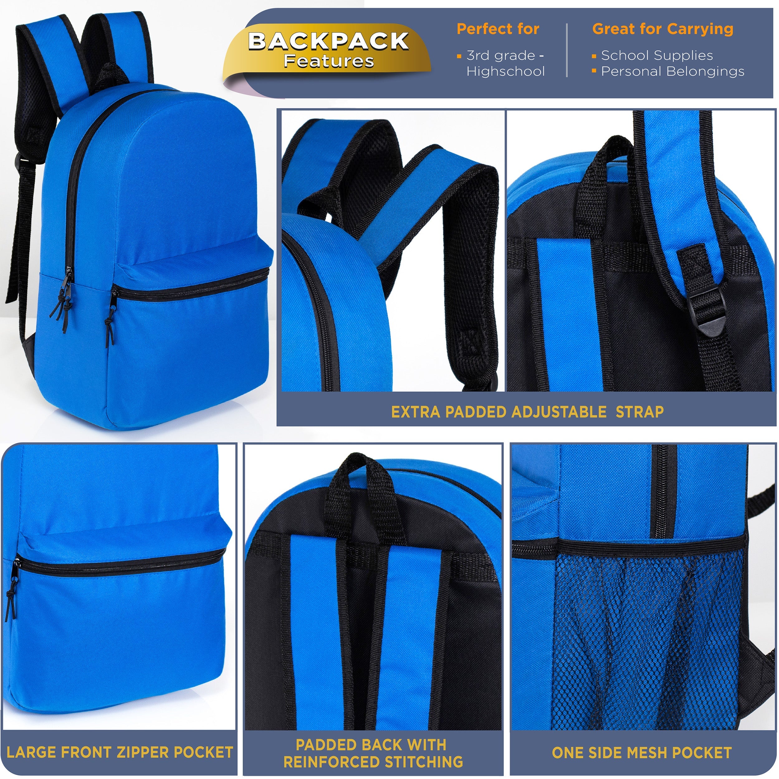 17" Kids Basic Wholesale Backpack in 12 Colors | Side Pocket - Bulk Case of 24 Bookbags